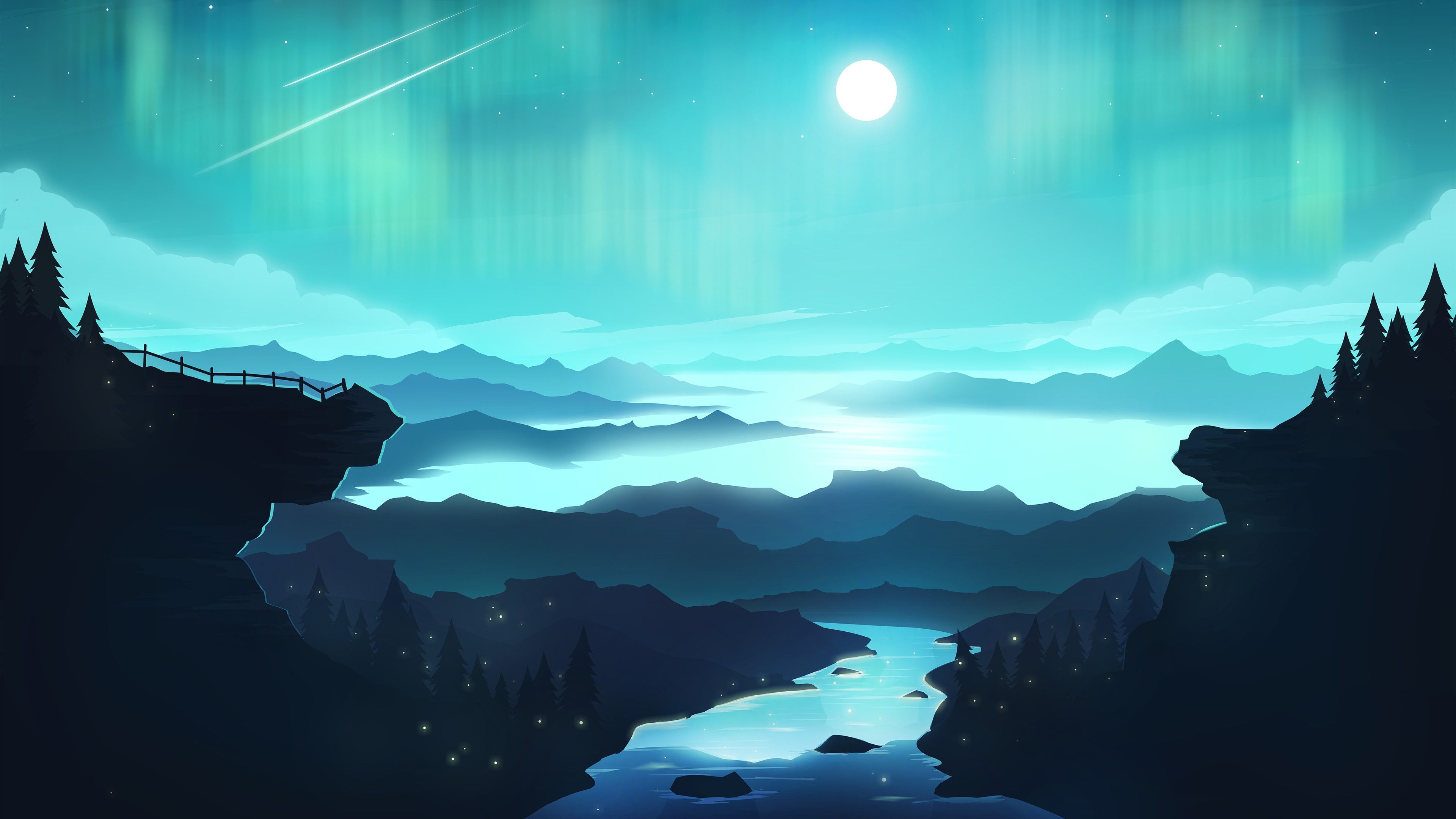 A painting of the night sky with mountains and water - Cyan