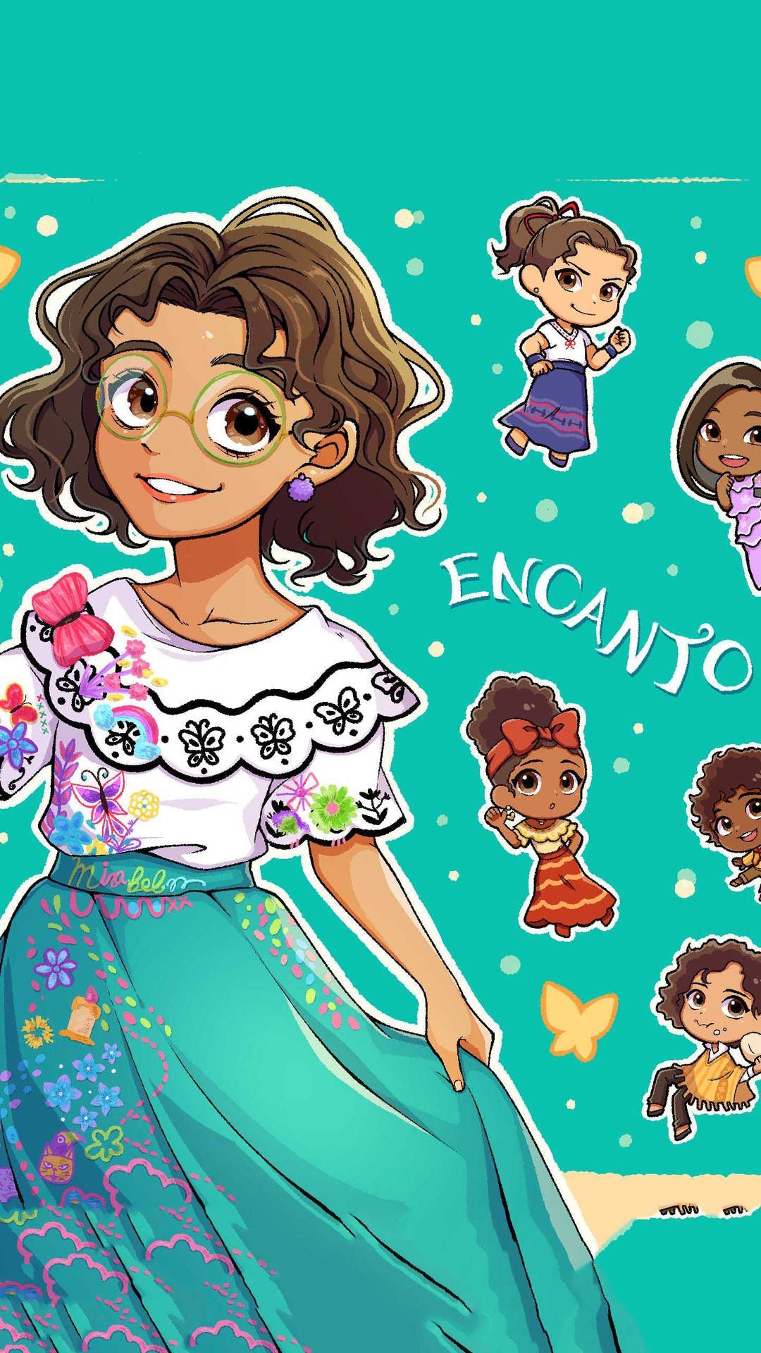 A cartoon of several girls with stickers - Encanto