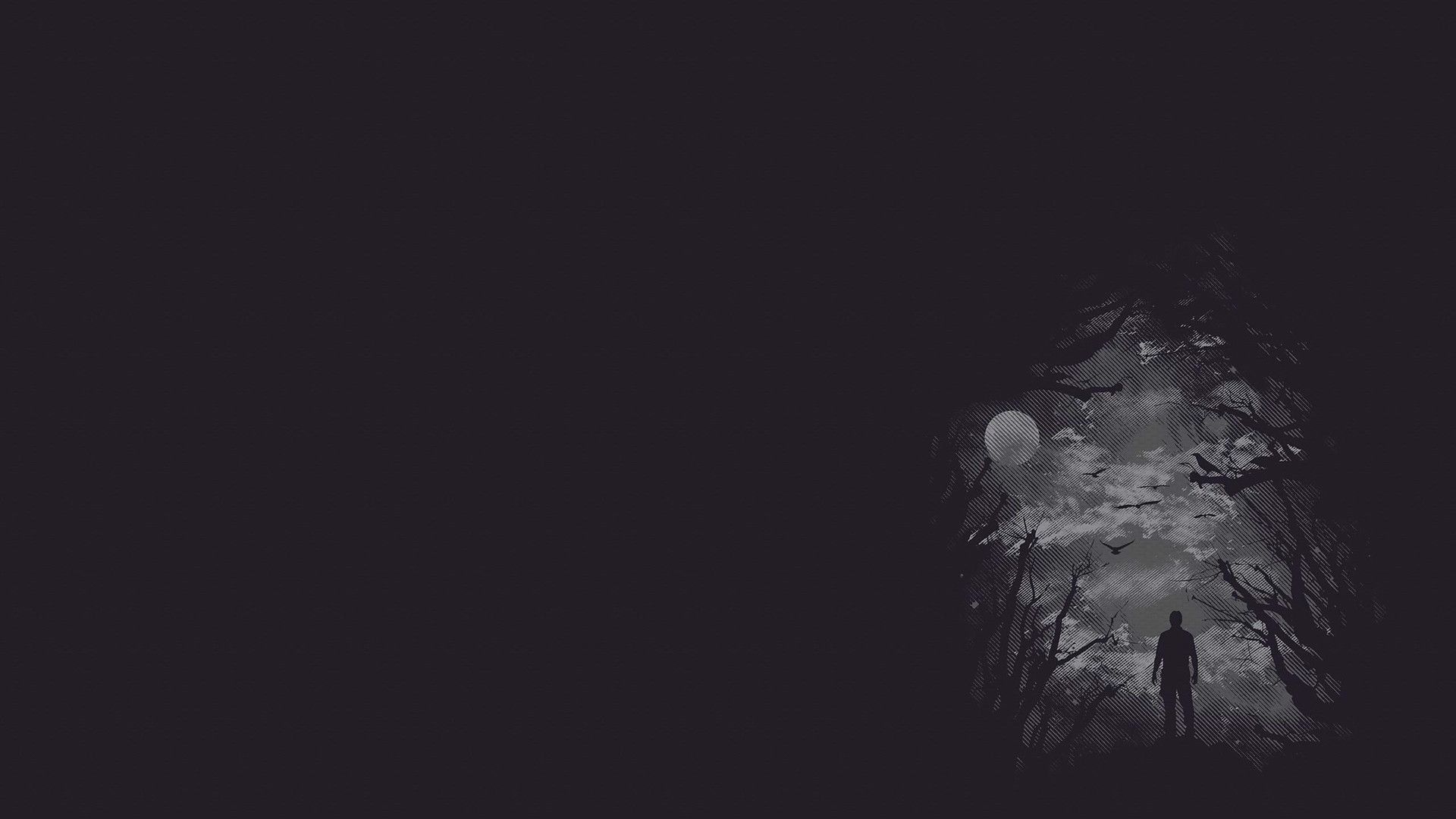 A man walking through a dark forest with bats flying around him - Creepy