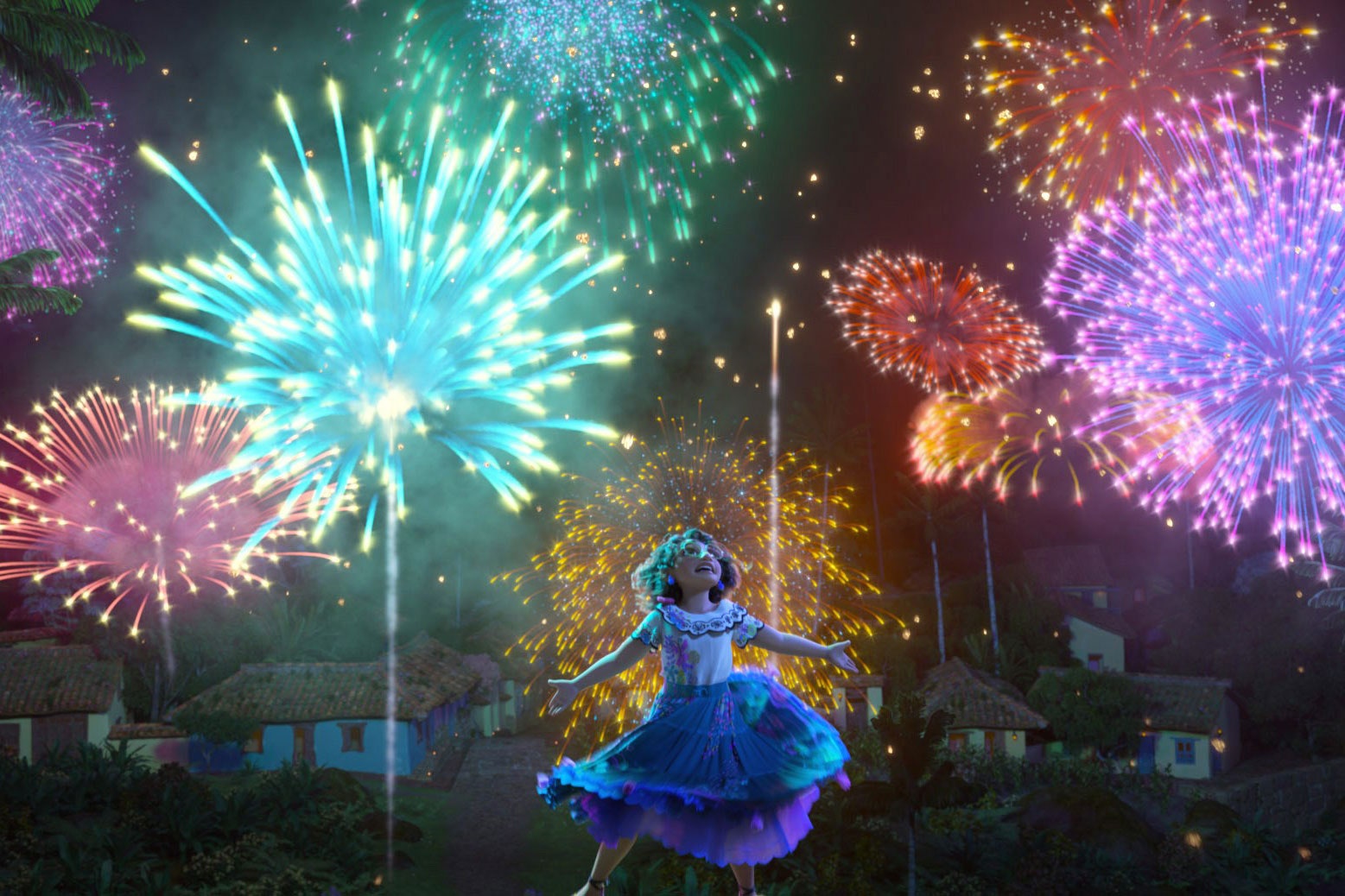 A girl in blue dress and skirt with fireworks behind her - Encanto