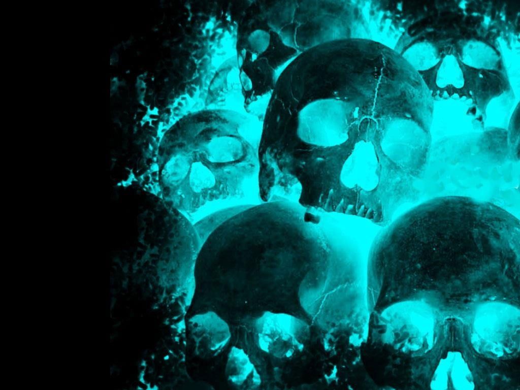 A pile of skulls, some of which are glowing blue. - Cyan