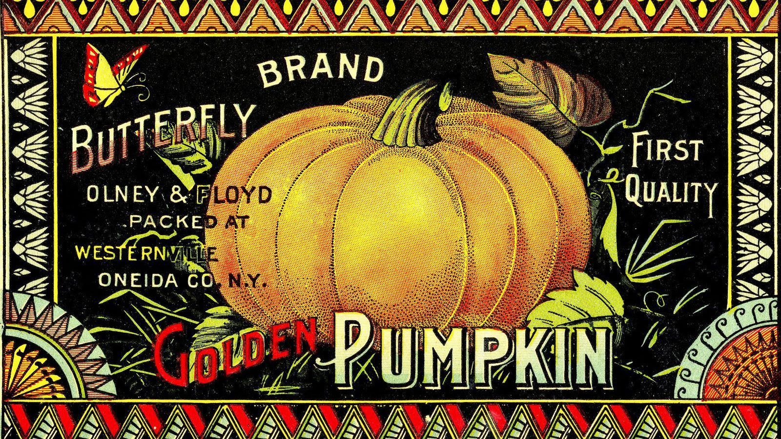 A label for a can of Butterfly Brand Golden Pumpkin. - Creepy, spooky