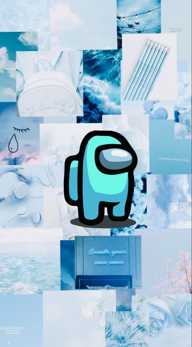 A blue robot is shown in this collage - Blue, cyan, Among Us