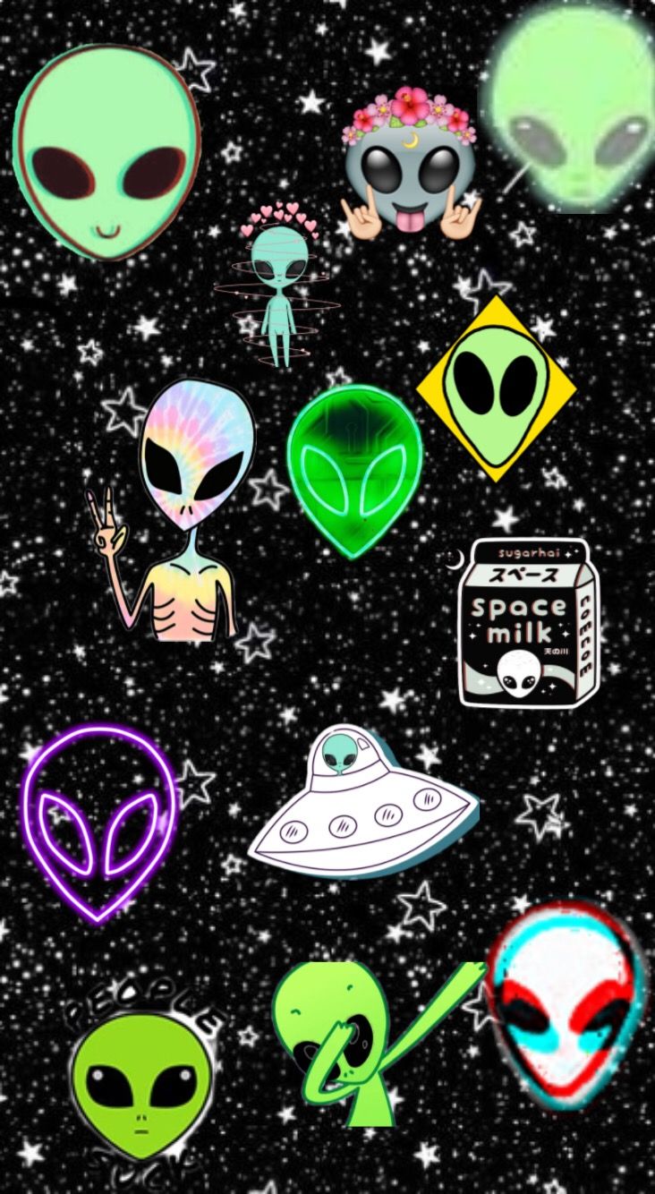 Aesthetic wallpaper of neon green and purple aliens, a flying saucer, and a space milk carton on a black background with stars. - Alien