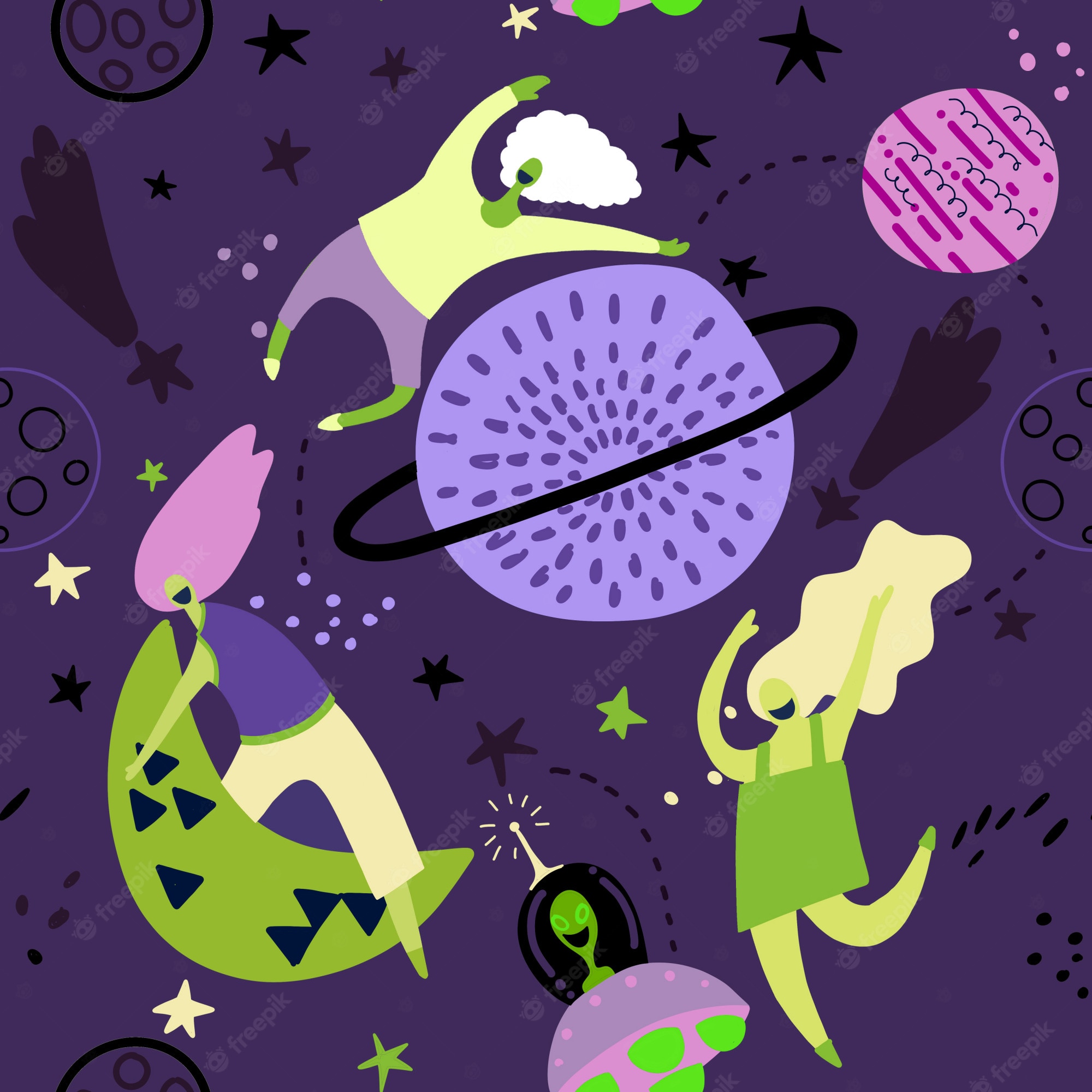 People in space, vector illustration. Seamless pattern with cartoon characters. People in the open space, seamless pattern. - Alien