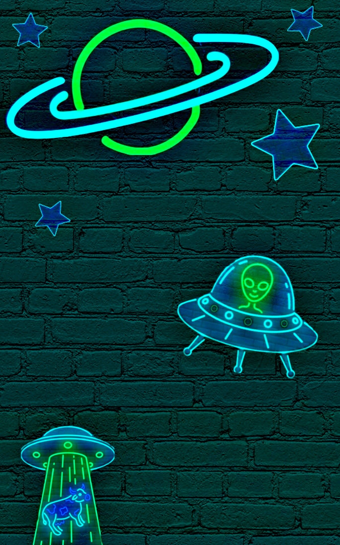 A neon sign with aliens and stars - Alien