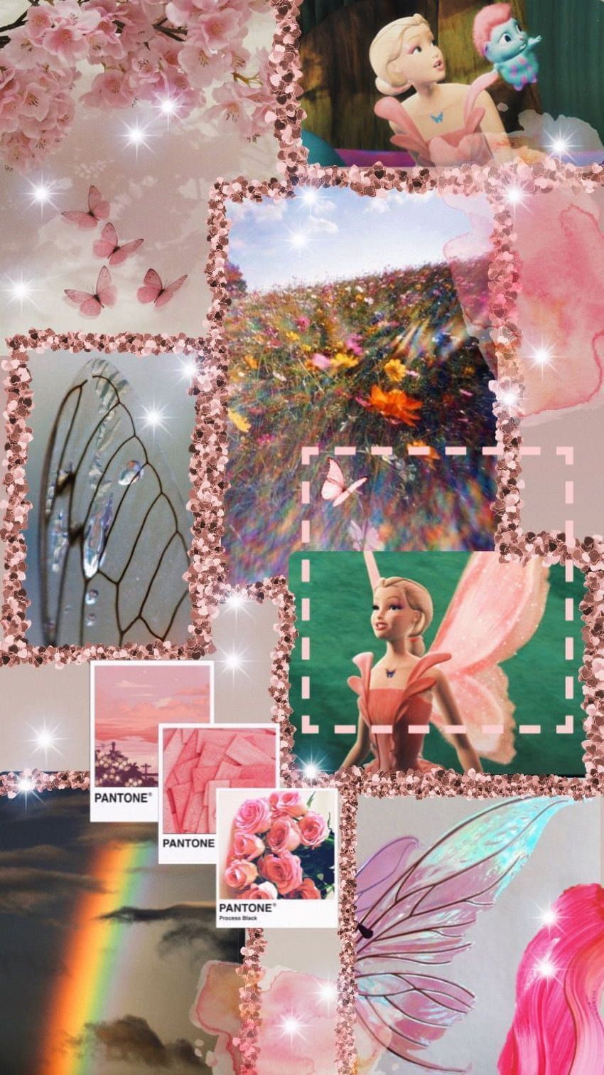 A collage of pictures with pink and purple colors - Barbie