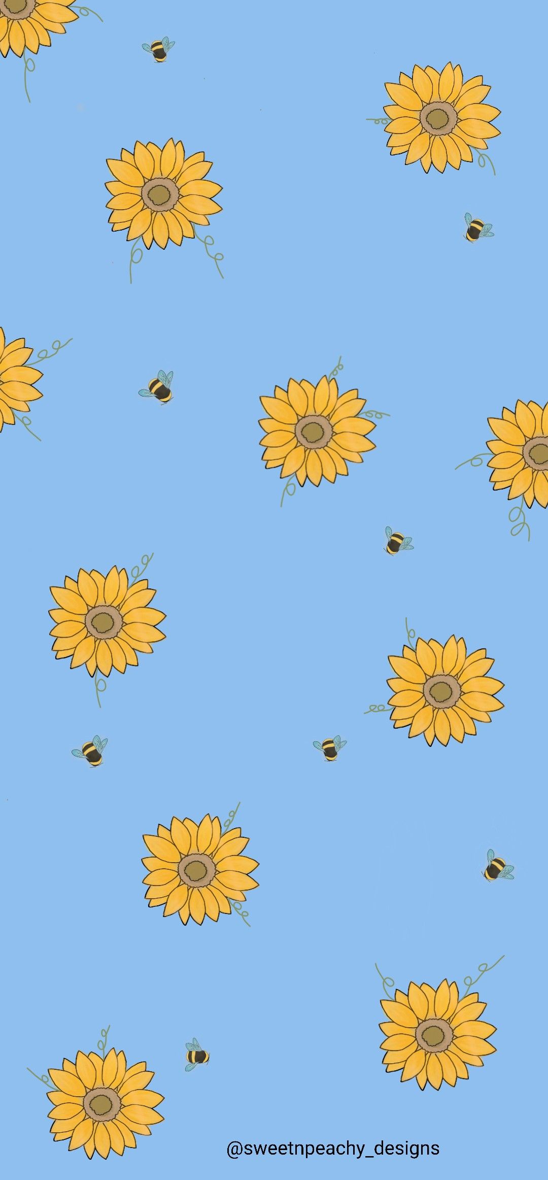 A blue background with yellow flowers and bees - Bee