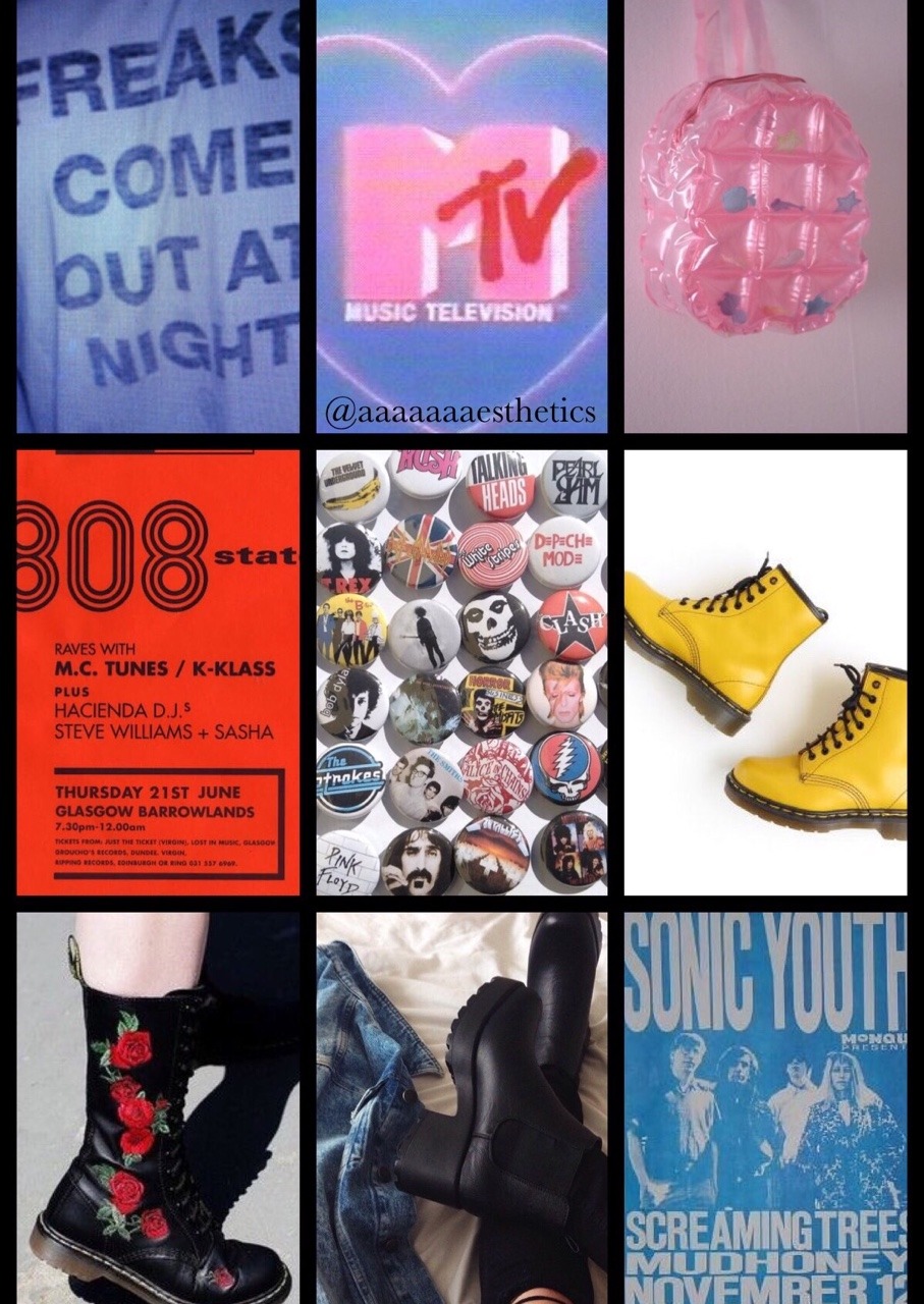 A collage of 90s fashion and music memorabilia including posters for bands and shows, and a pair of Dr Marten boots. - LGBT