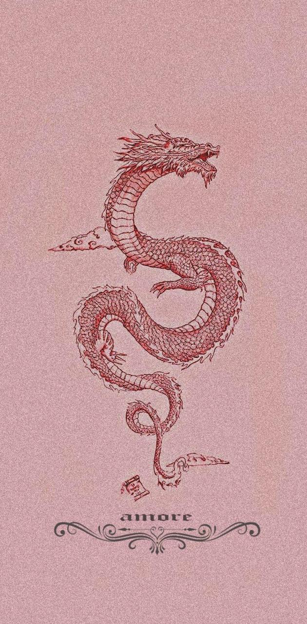 Red dragon on a pink background - Dragon, snake