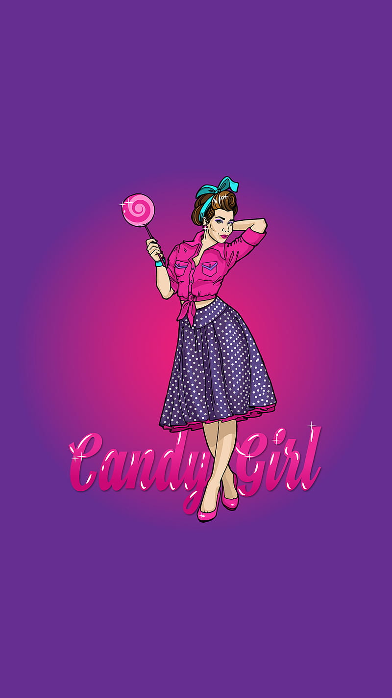 Candy Girl, 50s, Kiss, bandana, blue, heels, lollipop, pin up, pink, pinup, polka dots, HD phone wallpaper