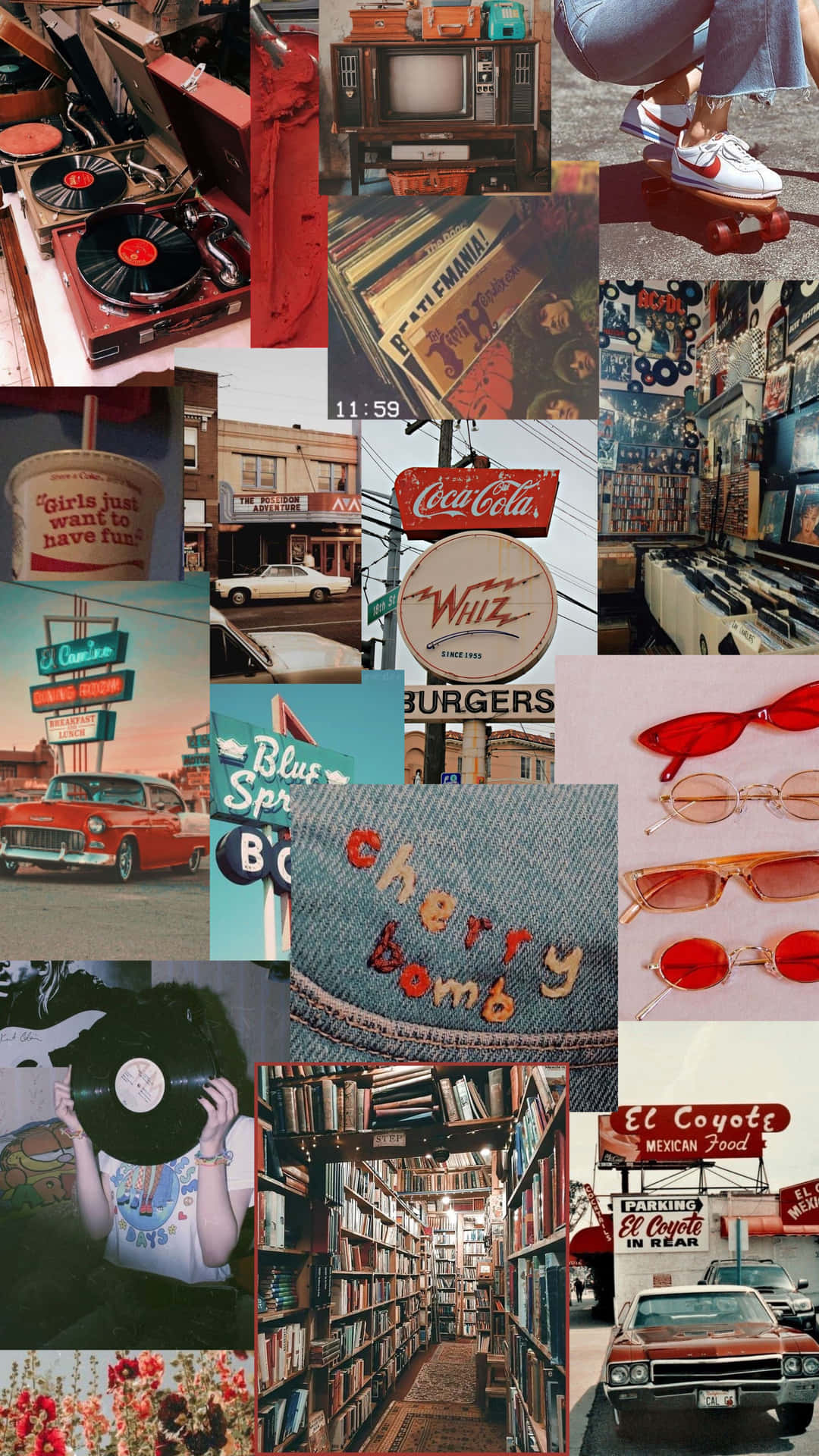 A collage of images from the 1950s, including a burger sign, a jukebox, a car, and a library. - 50s