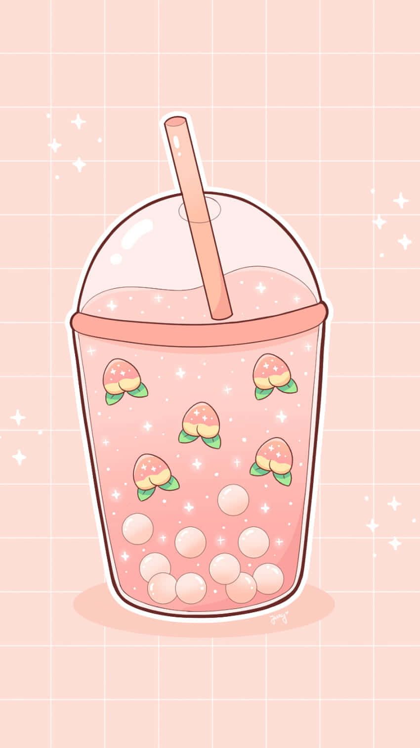 A pink drink with straw and cute cartoon characters - Boba