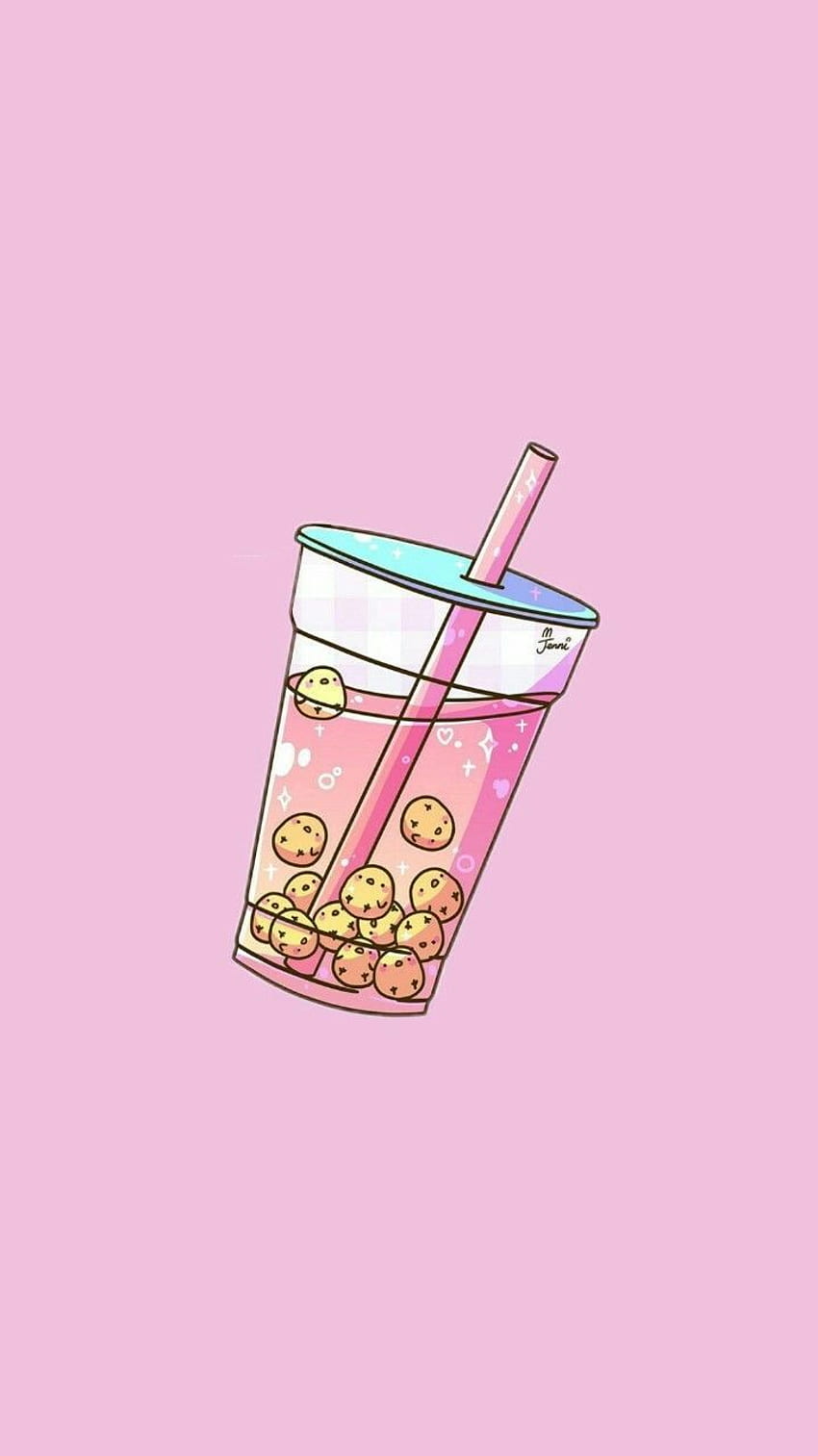 Bubble tea with cookie balls in a pink background - Boba