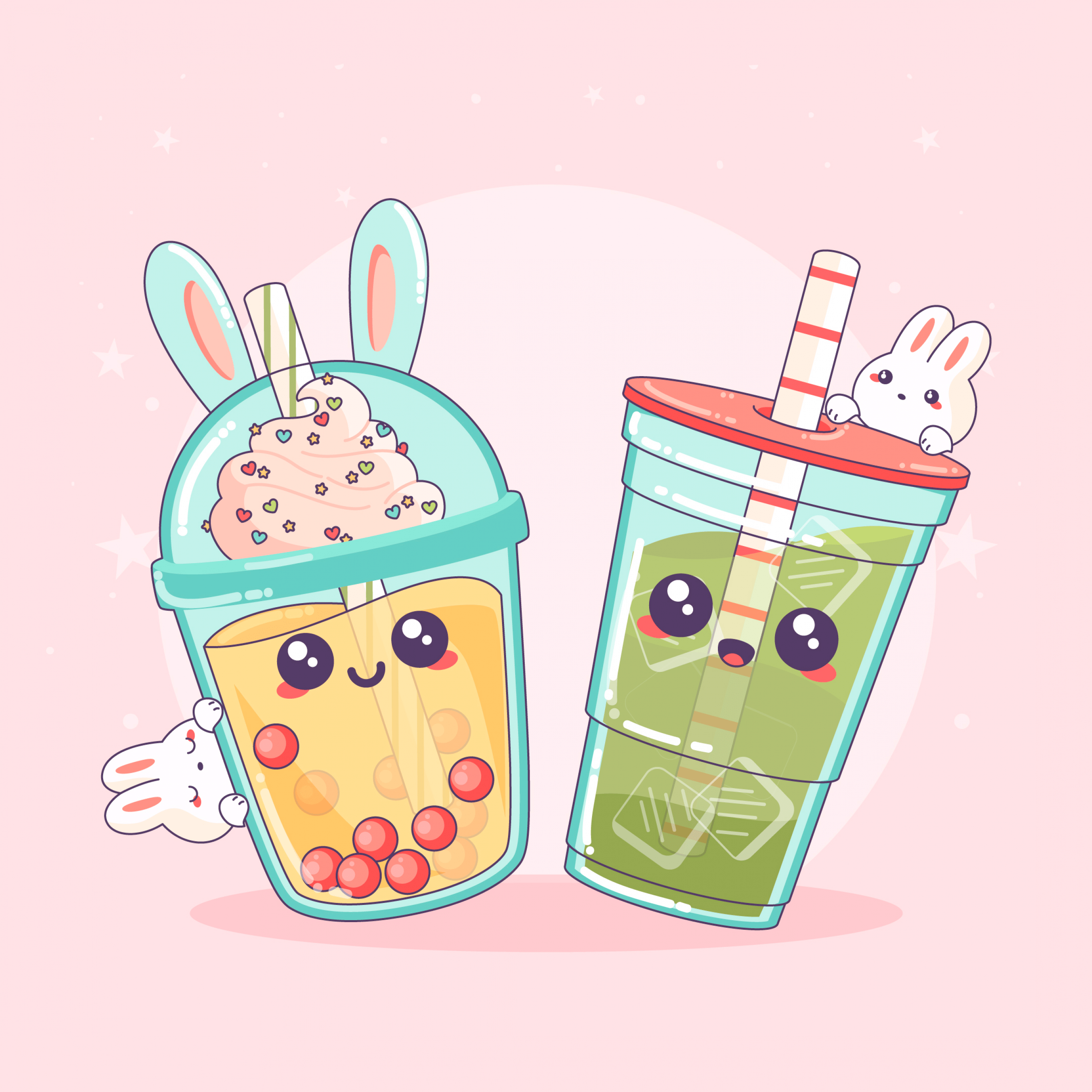 Two cute bunny drinks with straw and a pink background - Boba, kawaii