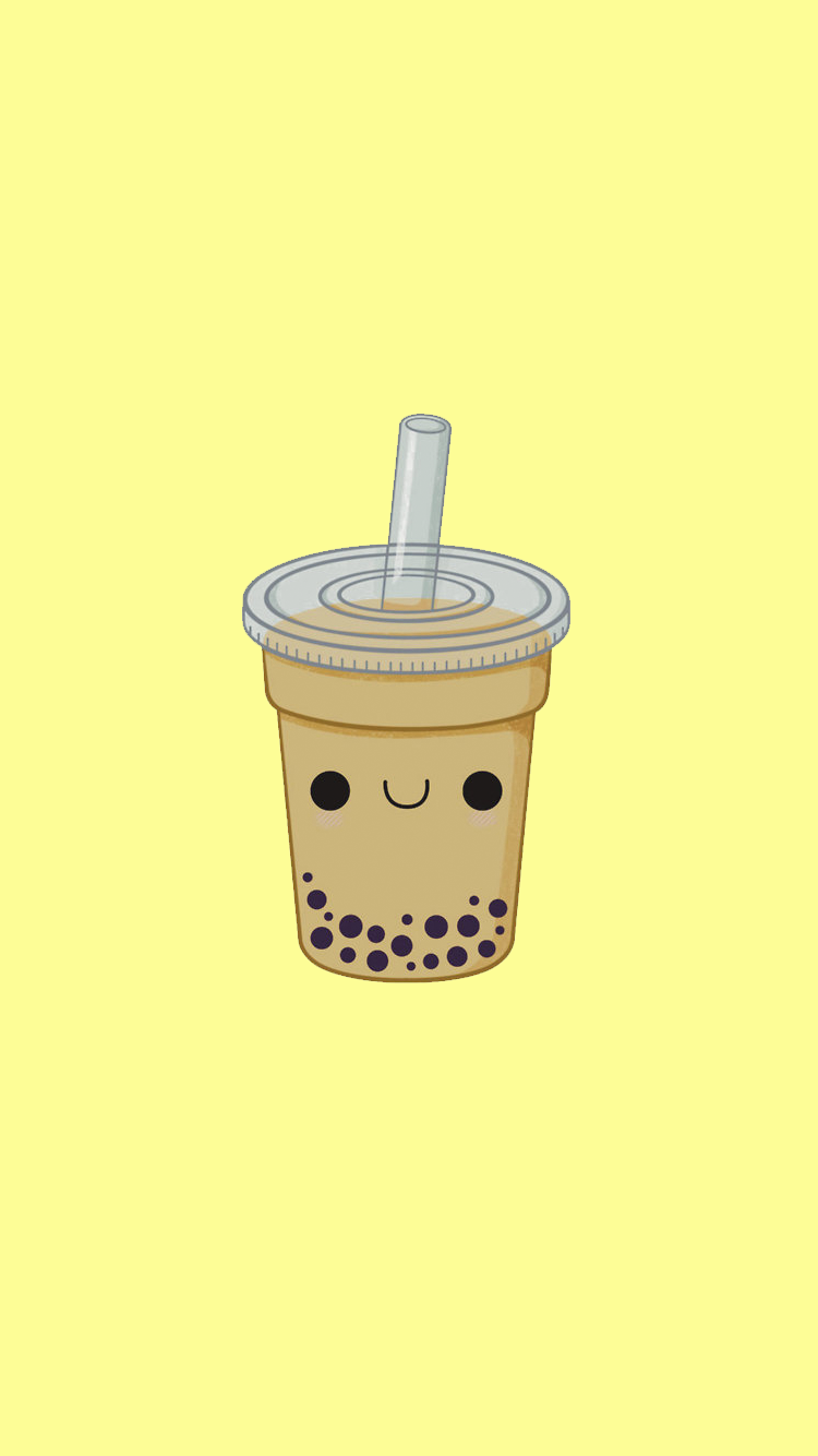 A yellow background with a bubble tea in the middle. - Boba
