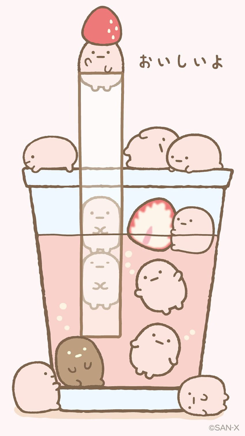 A glass of milk with strawberry and a cute character - Boba