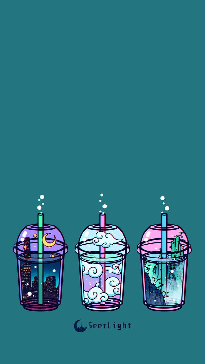 Three cups with different landscapes inside them on a blue background - Boba