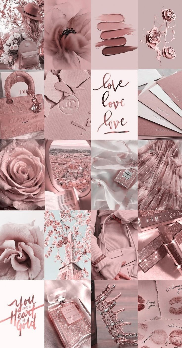 Aesthetic pink collage background with rose, flowers, and love - Dior
