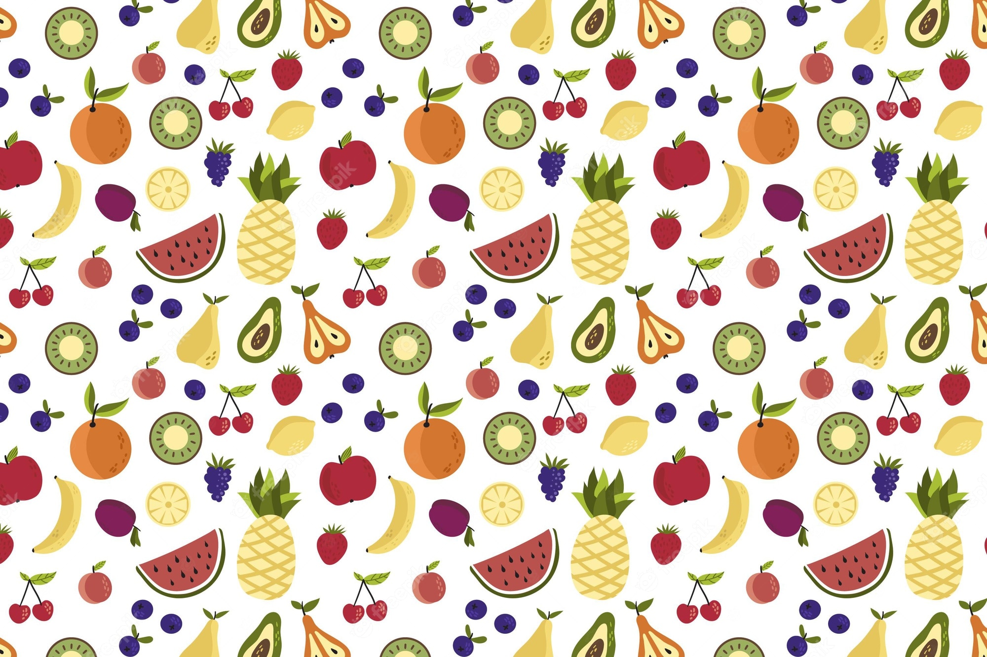 A pattern of fruit and vegetables on white background - Fruit