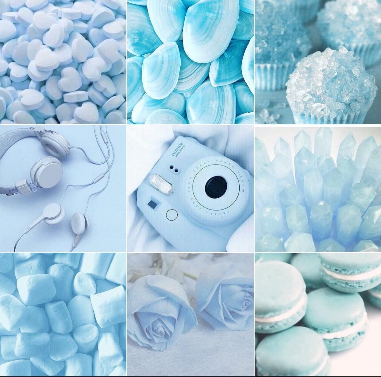Collage of nine different photos of blue and white objects including ice, macarons, a camera, and headphones. - Cyan
