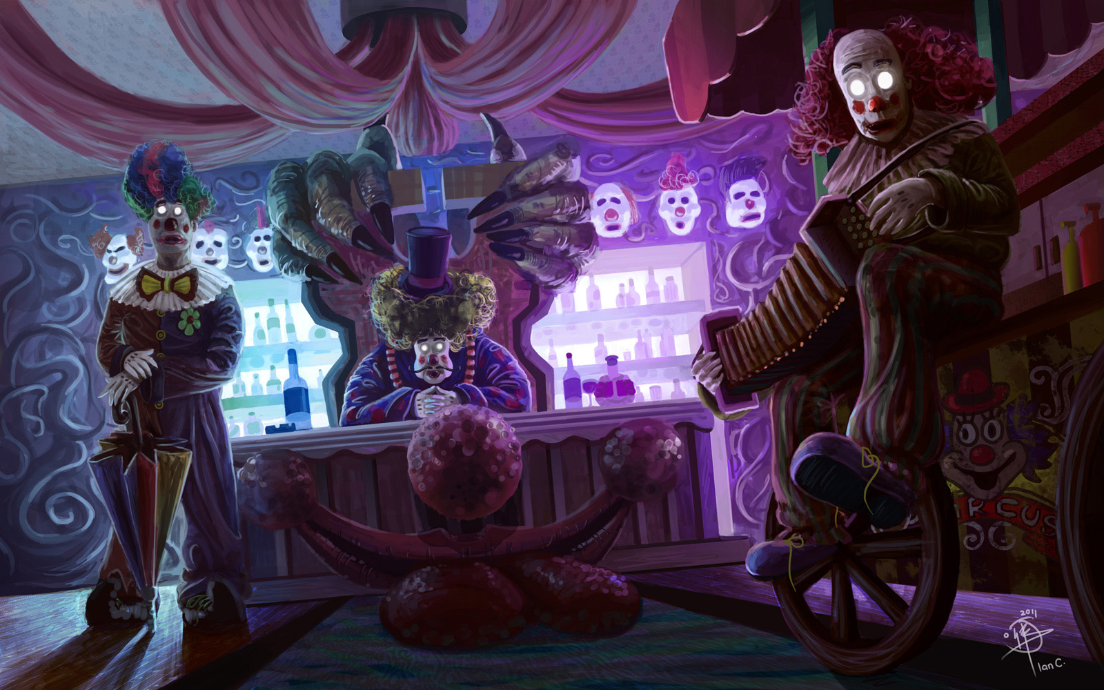 Clowns in a bar with a pink color scheme - Clown