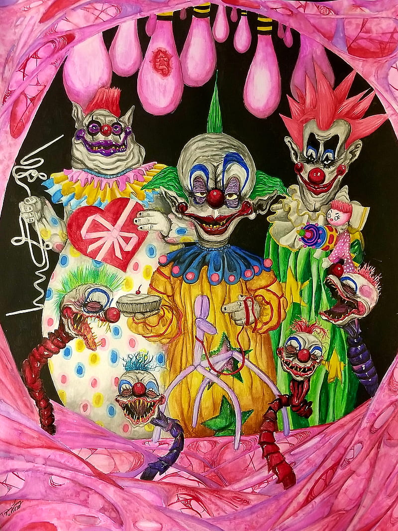 A painting of clowns in pink and purple - Clown