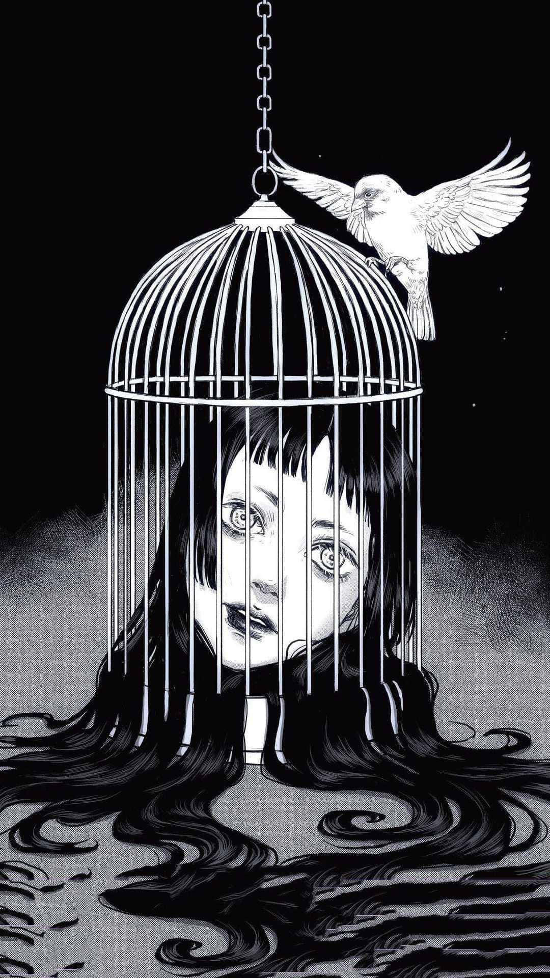 A girl with black hair is trapped in a cage. - Creepy