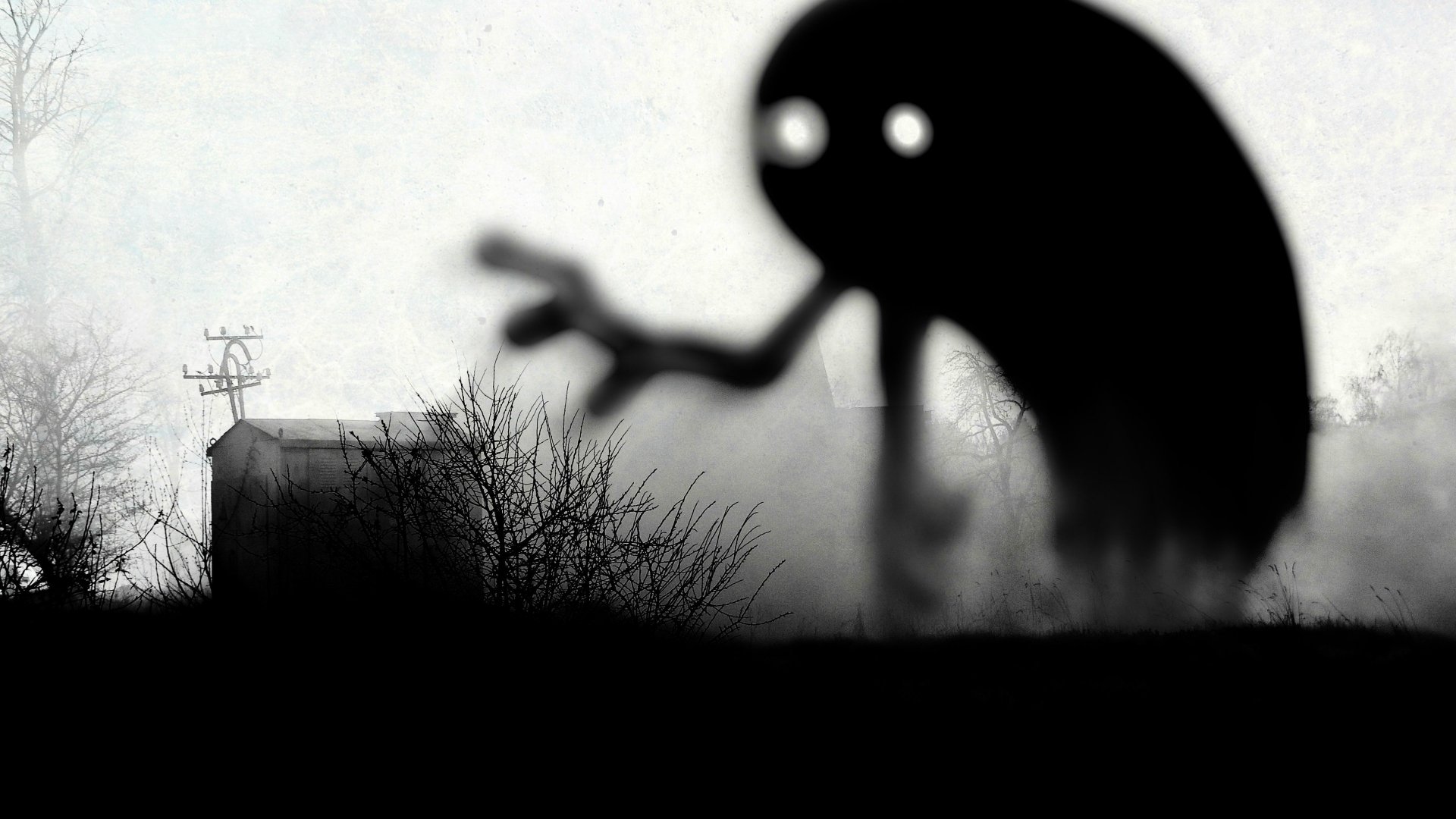 A black and white silhouette of a ghostly figure with two arms and two legs standing on a hillside. - Creepy, horror