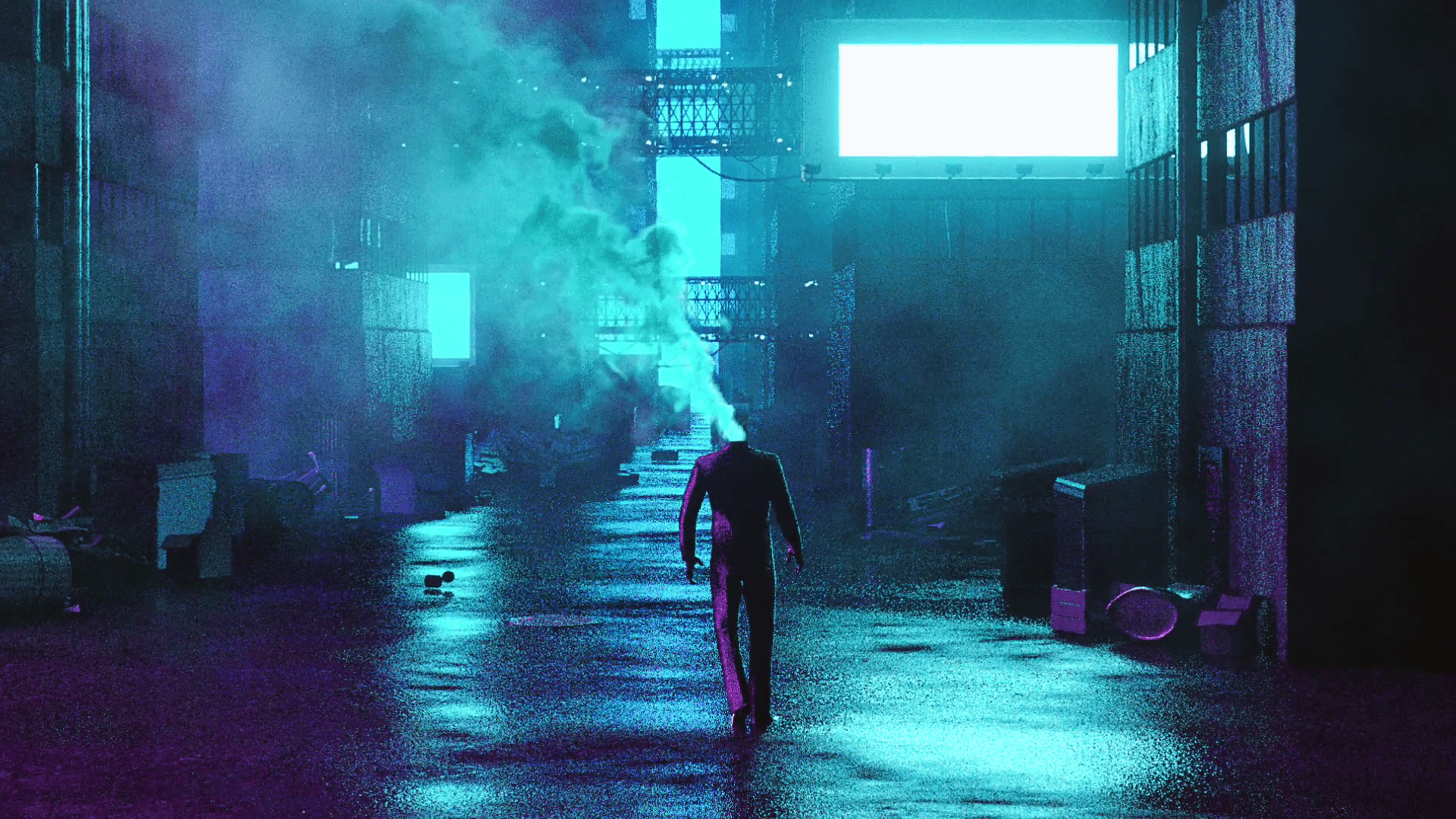 A man in a suit walks down a neon-lit street - Cyan