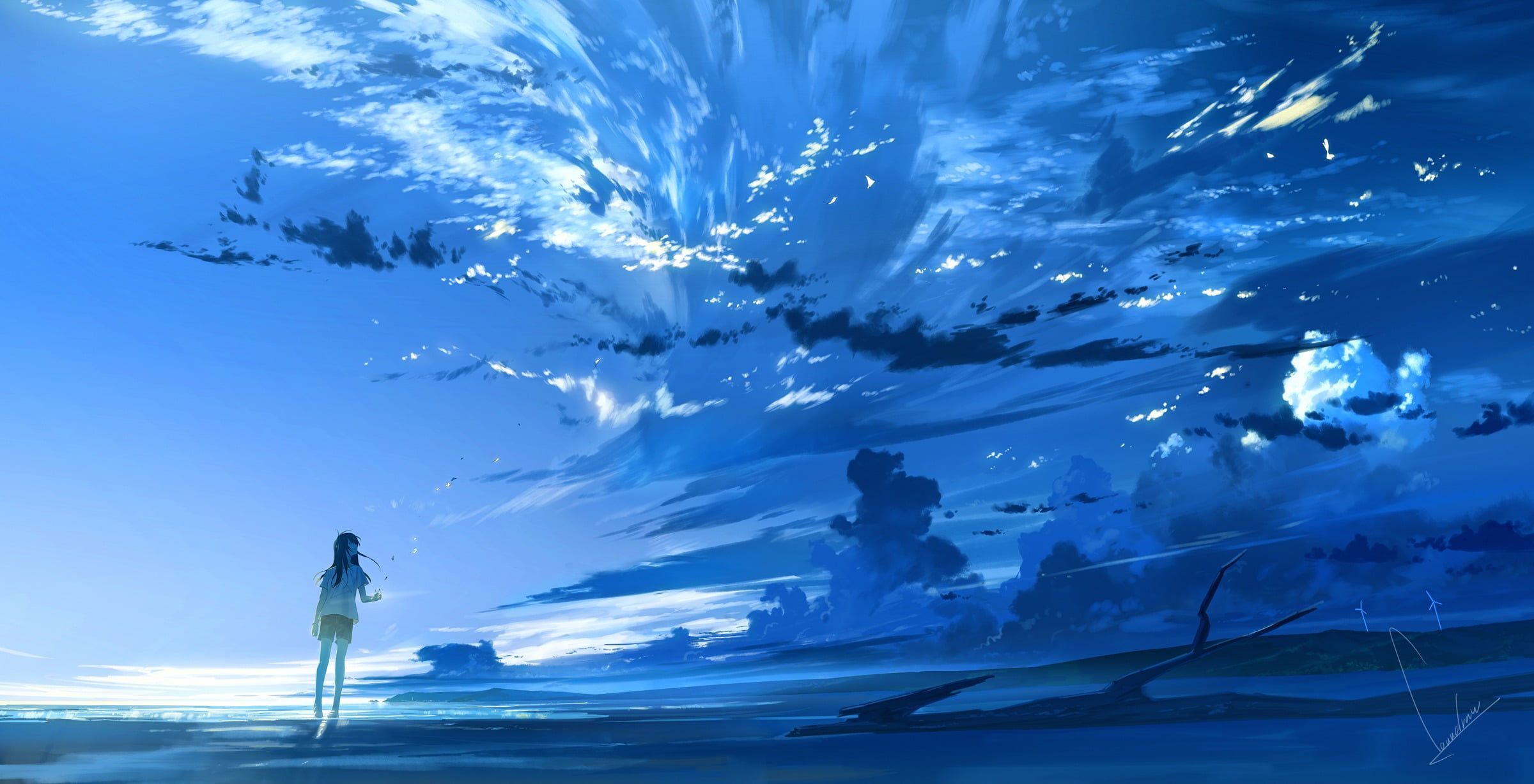 A girl standing on the beach looking at the sky - Cyan, blue anime