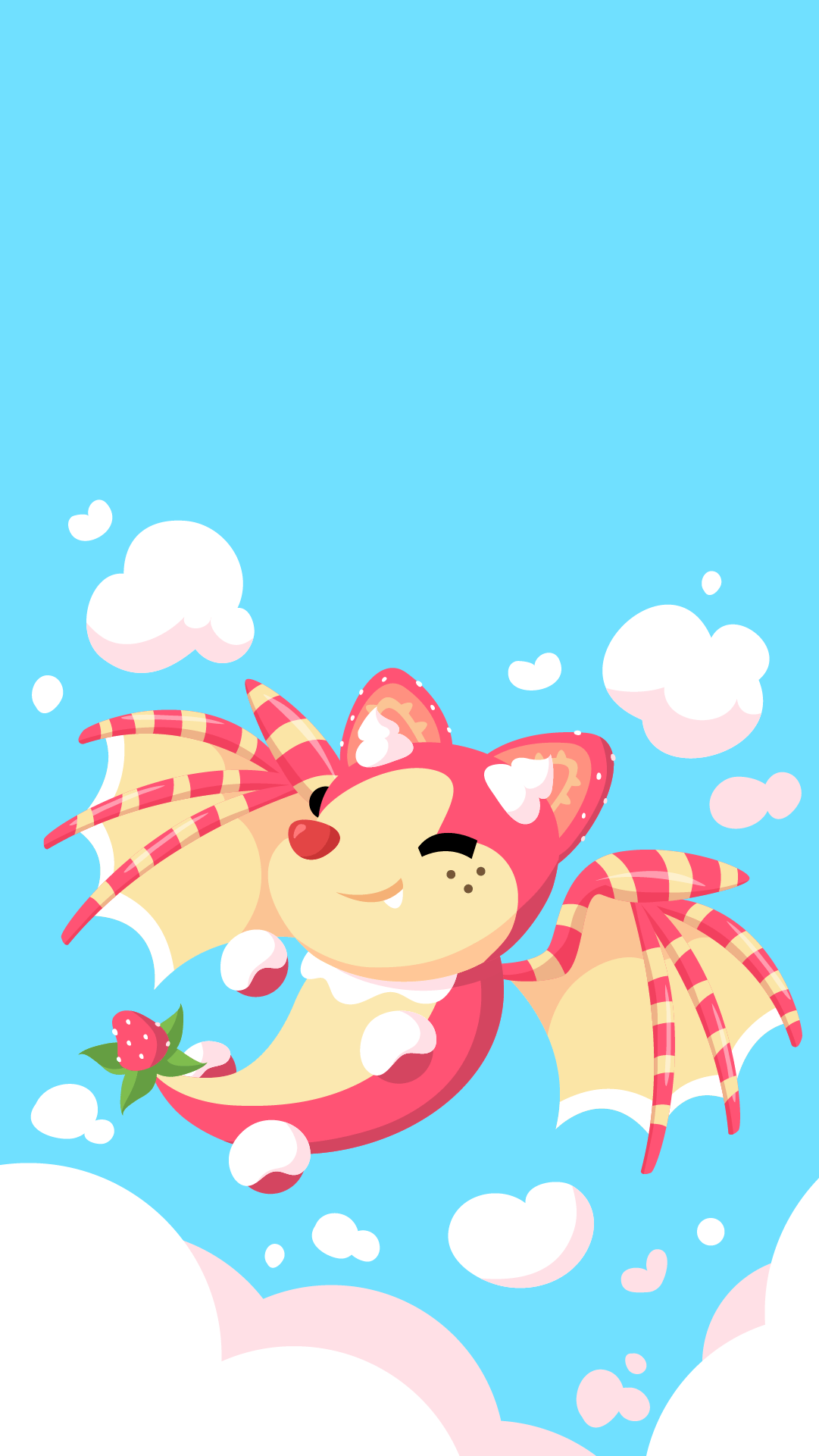A pink fox with a pink heart on its nose and a pink checkered scarf around its neck, flying through the sky with clouds and holding a pink flower in its mouth. - Dragon