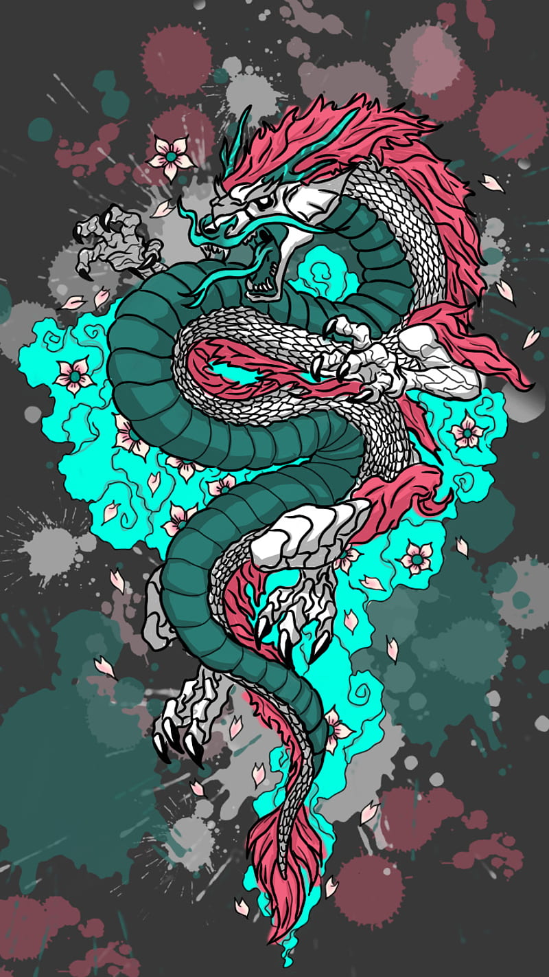 Dragon, pink, aqua, blue, gris, flower, HD phone wallpaper