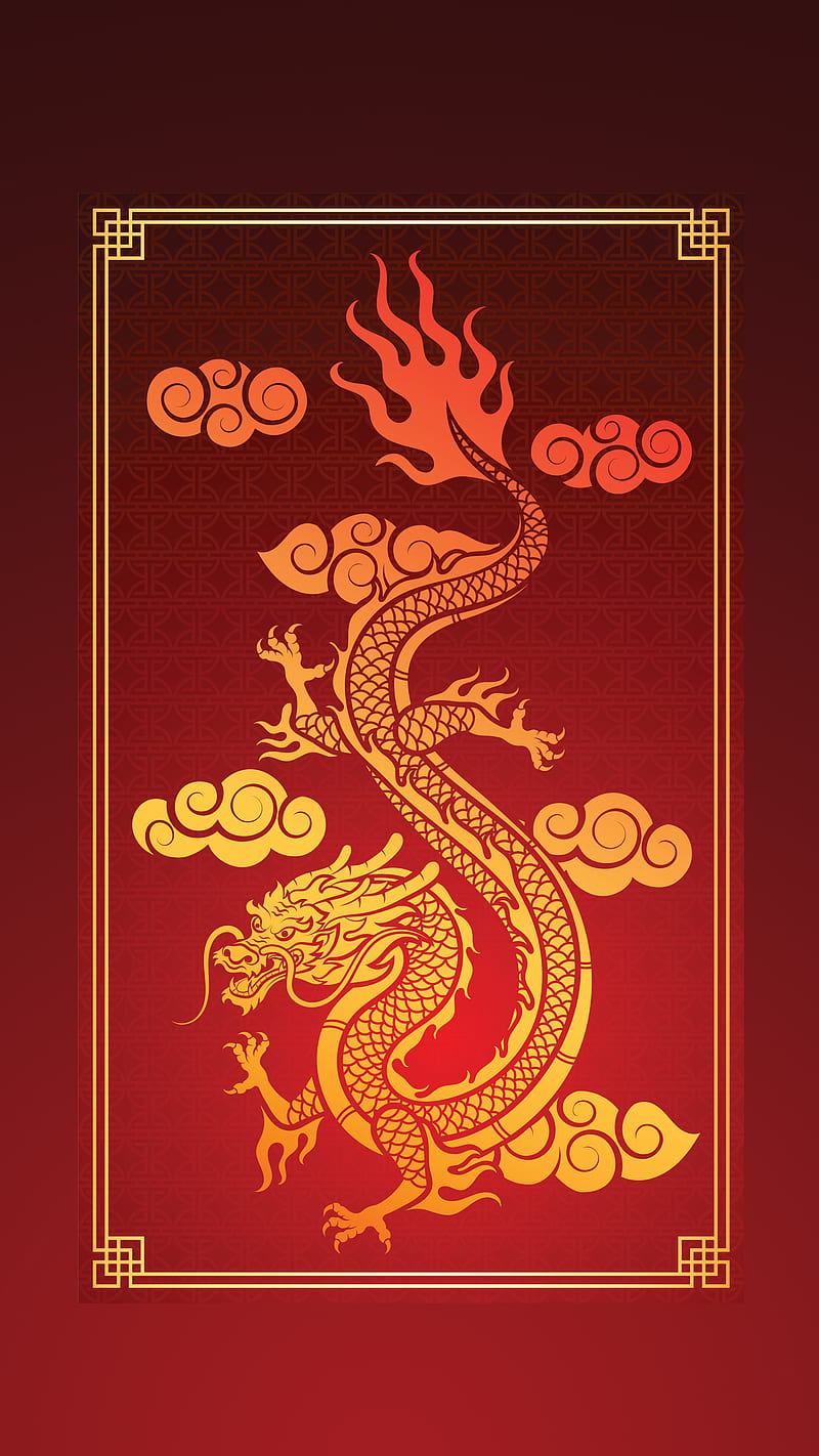 Red Dragon, Kiss, ancient, asian, china, chinese, flames, gold, japanese, korean, HD phone wallpaper