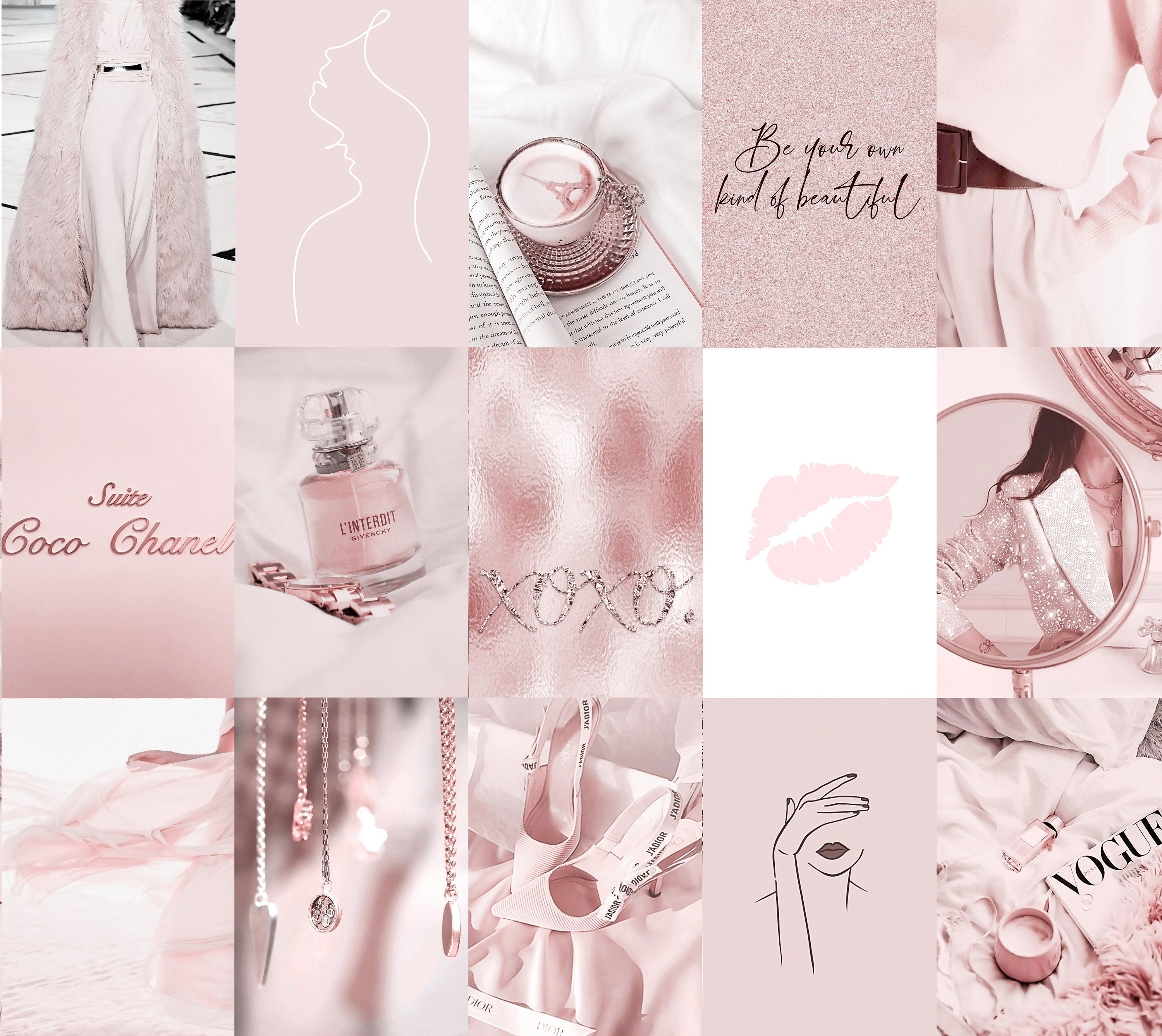 A collage of pictures with pink backgrounds - Dior