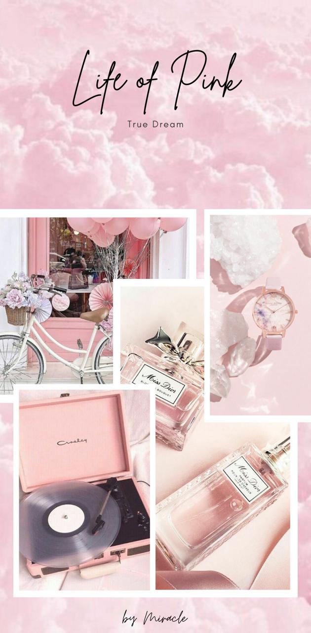 A collage of pink items including a bicycle, a record player, a watch, and a bottle of perfume. - Cute pink, Dior