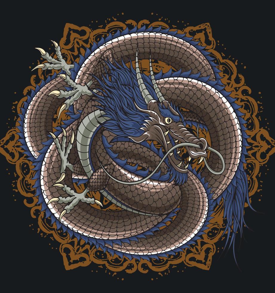 A blue and brown dragon with wings is shown in an ornate design - Dragon