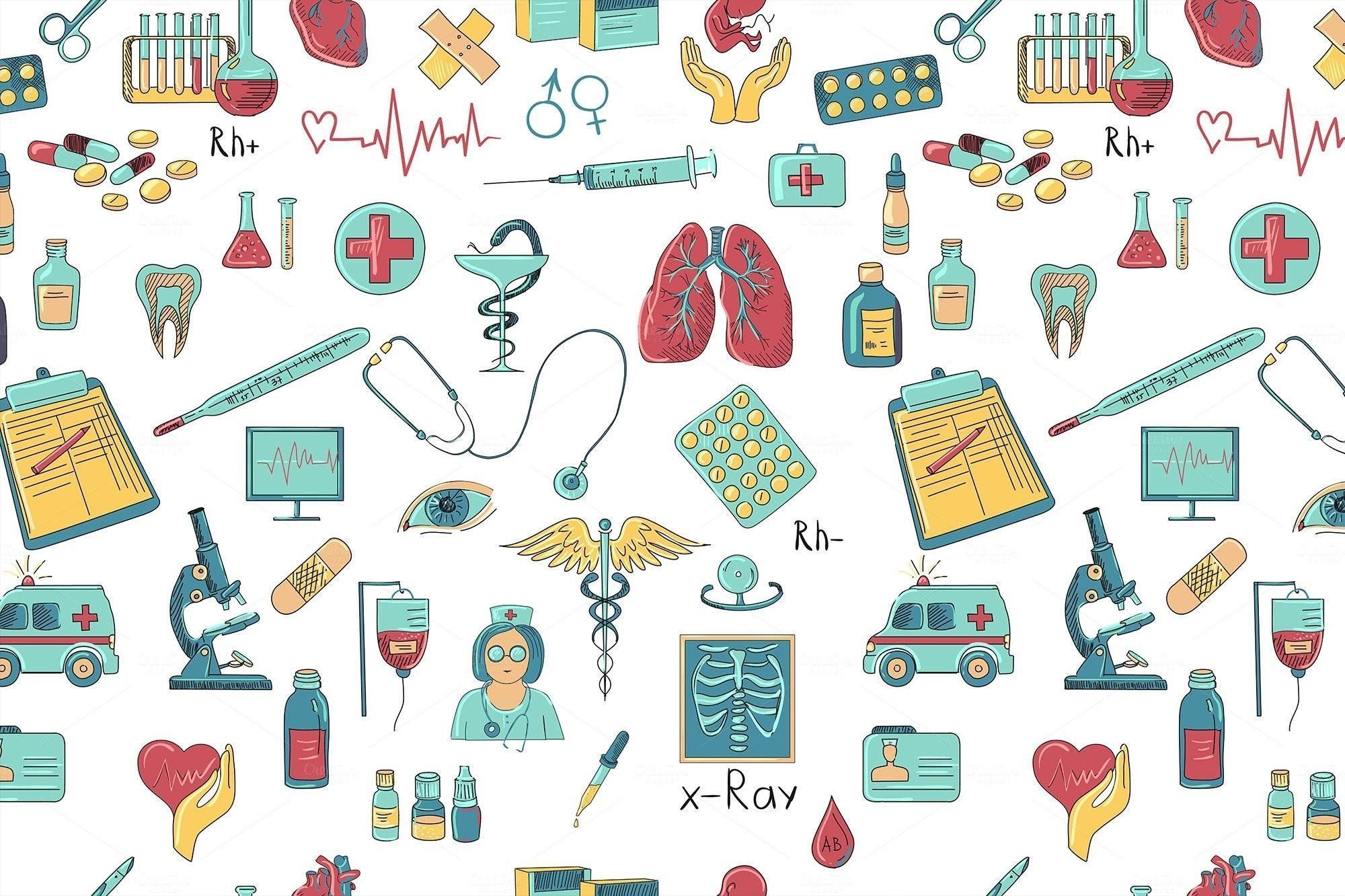 Medical seamless pattern with colored medical icons on a white background. - Medical
