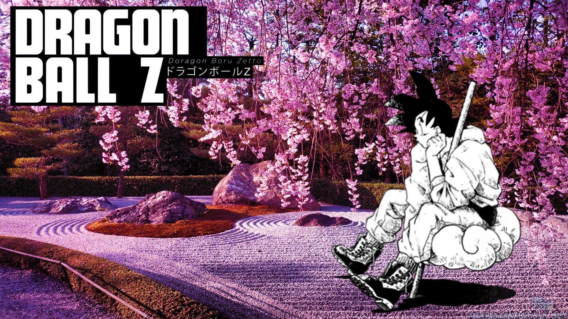 Gohan from Dragon Ball Z sitting on a rock in a Japanese garden - Dragon Ball