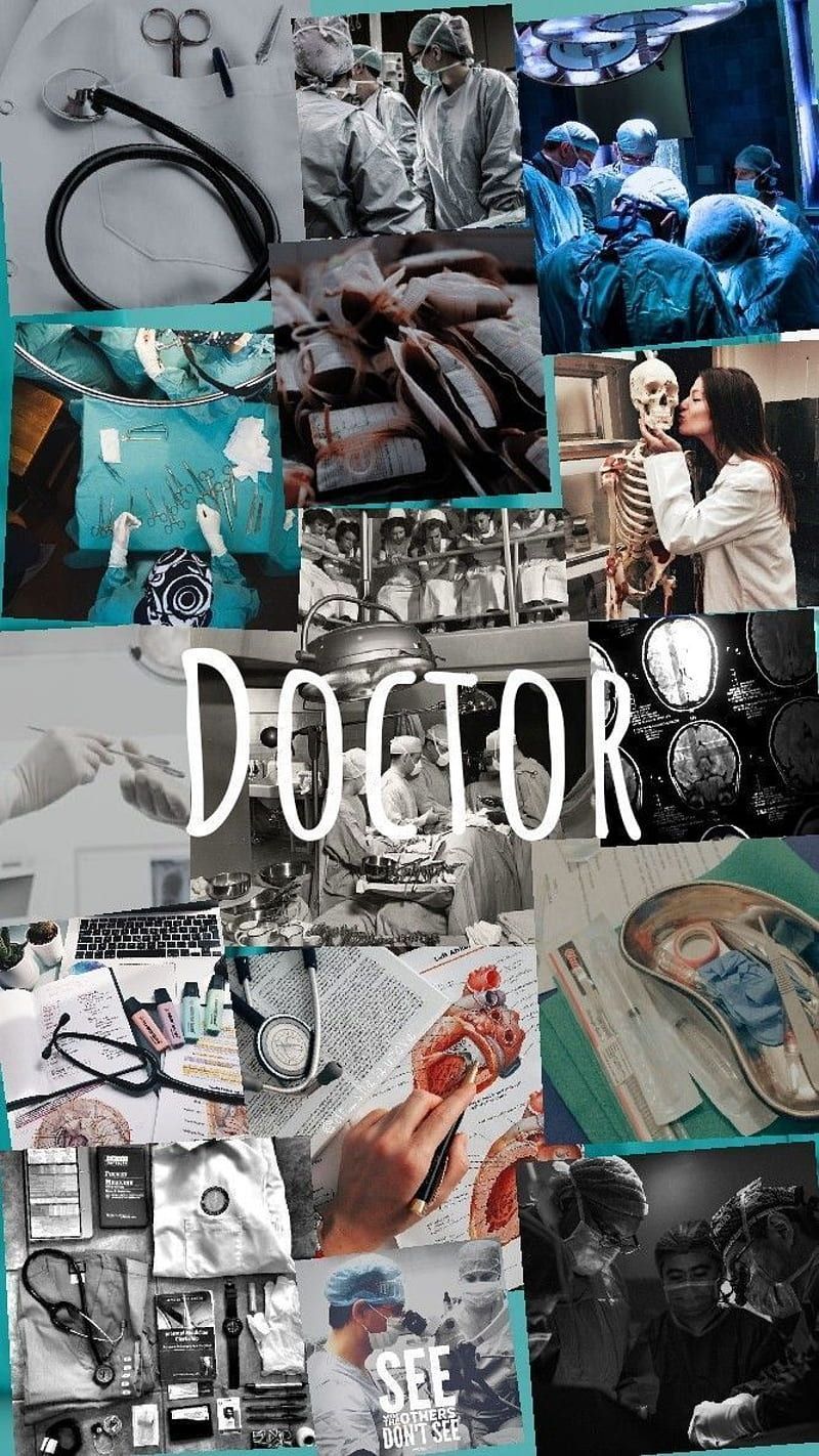 A collage of photos related to the medical field including a stethoscope, skeleton, and people in scrubs. - Medical