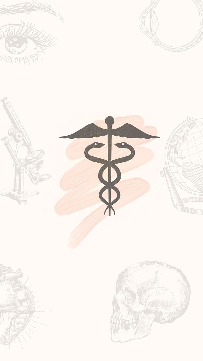 Medical caduceus symbol surrounded by various medical icons including an eye, microscope, globe, and skull. - Nurse, medical
