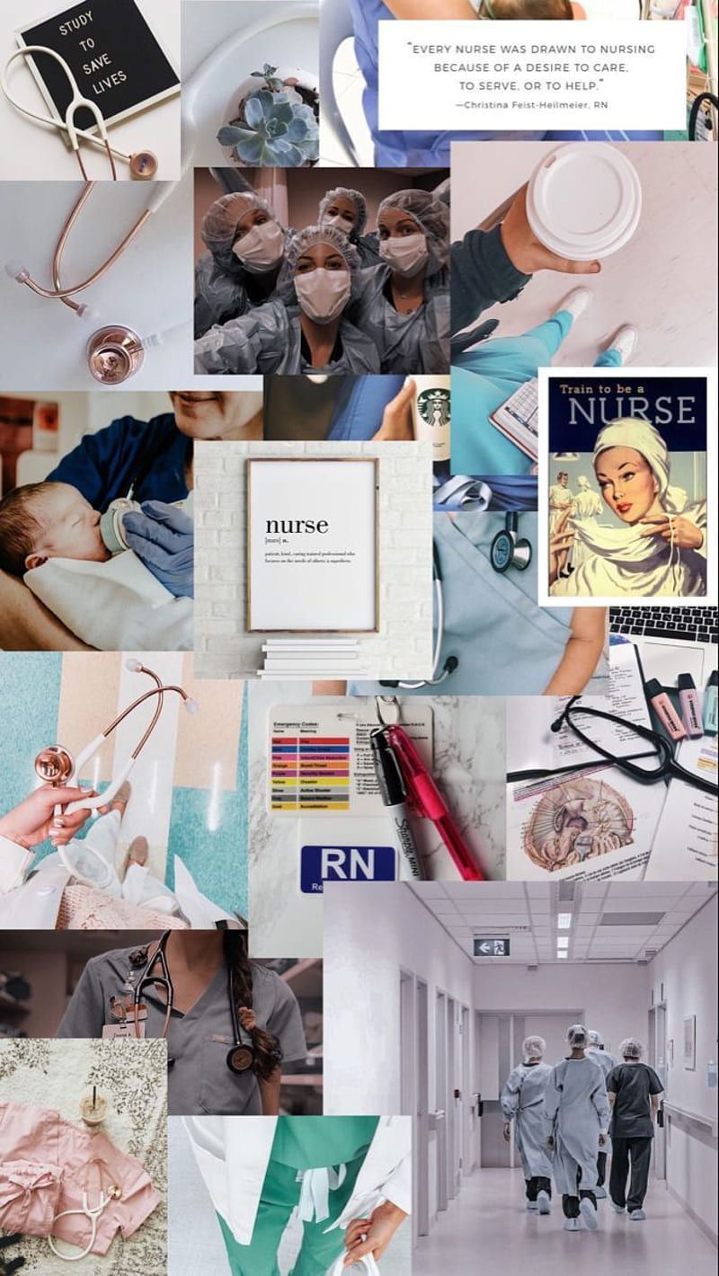 Collage of images related to nursing, including a nurse, scrubs, and a patient. - Medical, nurse, school