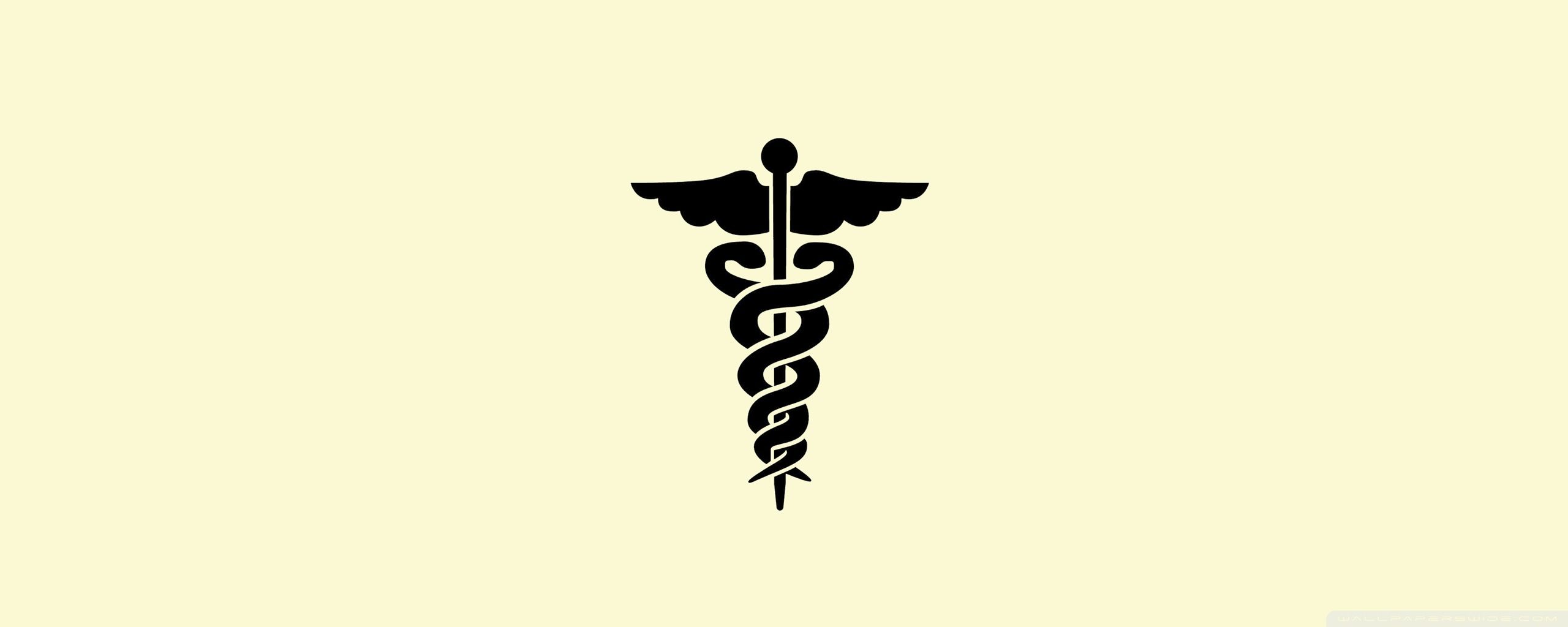 A black caduceus medical symbol on a pale yellow background - 