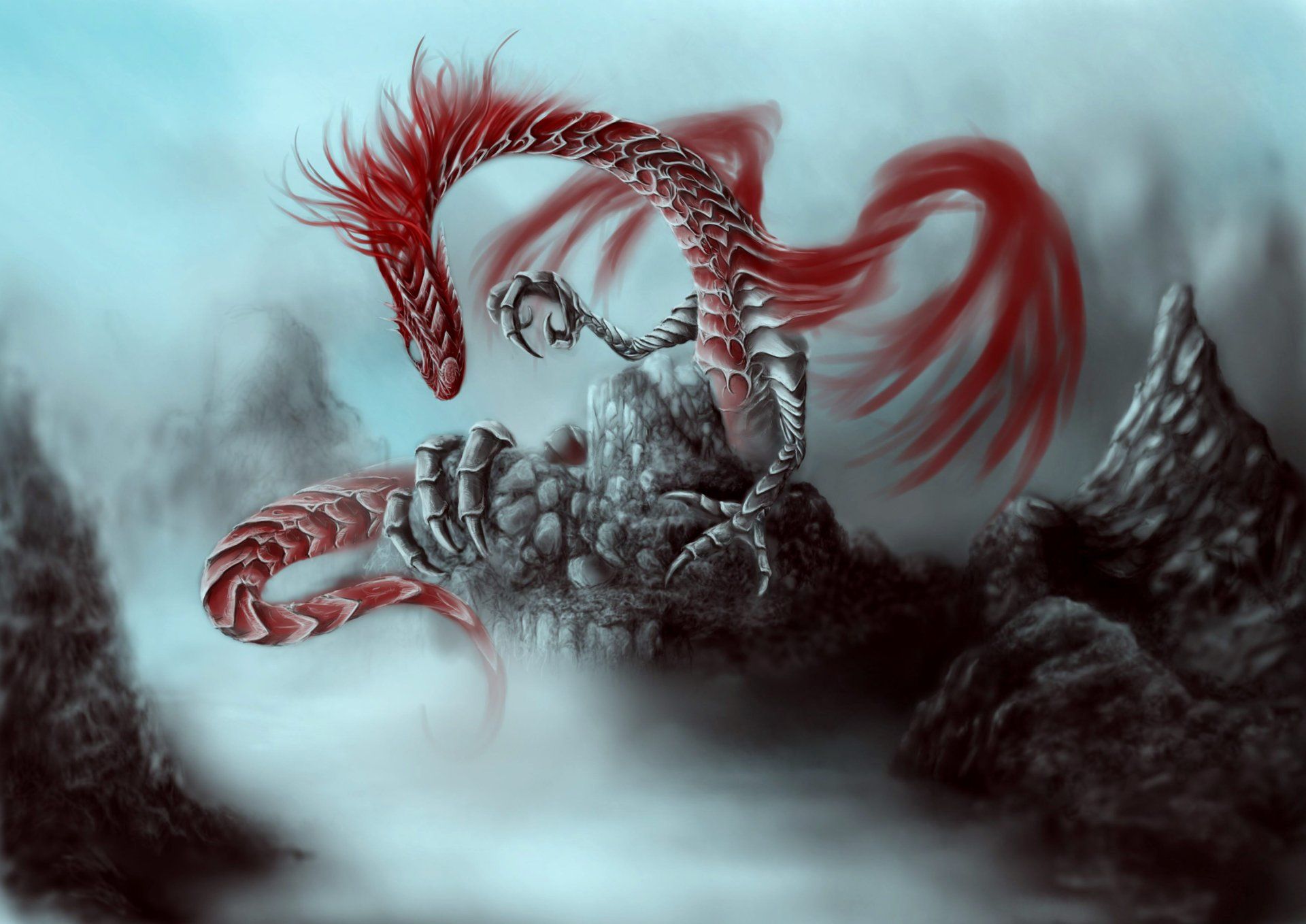 Red dragon wallpaper, a digital painting of a red dragon flying over a mountain - Dragon