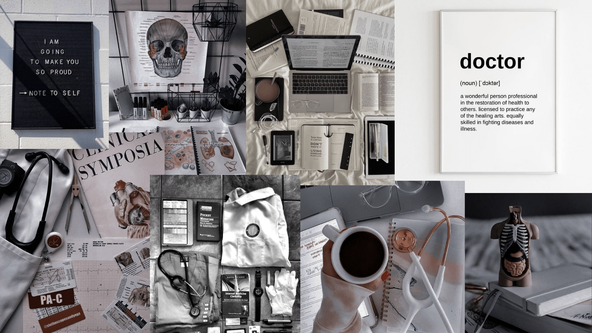 A collage of various items such as a skull, a laptop, a cup of coffee, and a stethoscope. - Medical