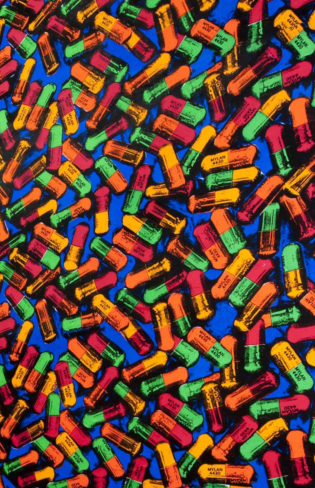 A close up of the painting with many colored pills - 