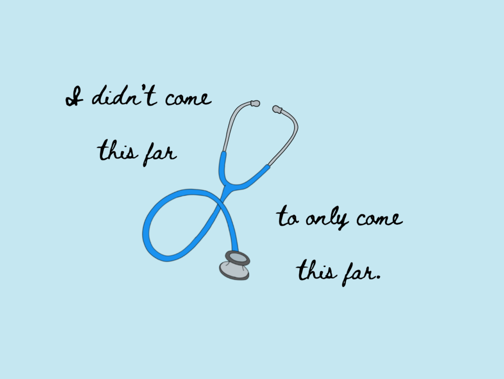 A blue stethoscope is looped into a knot, with the words 