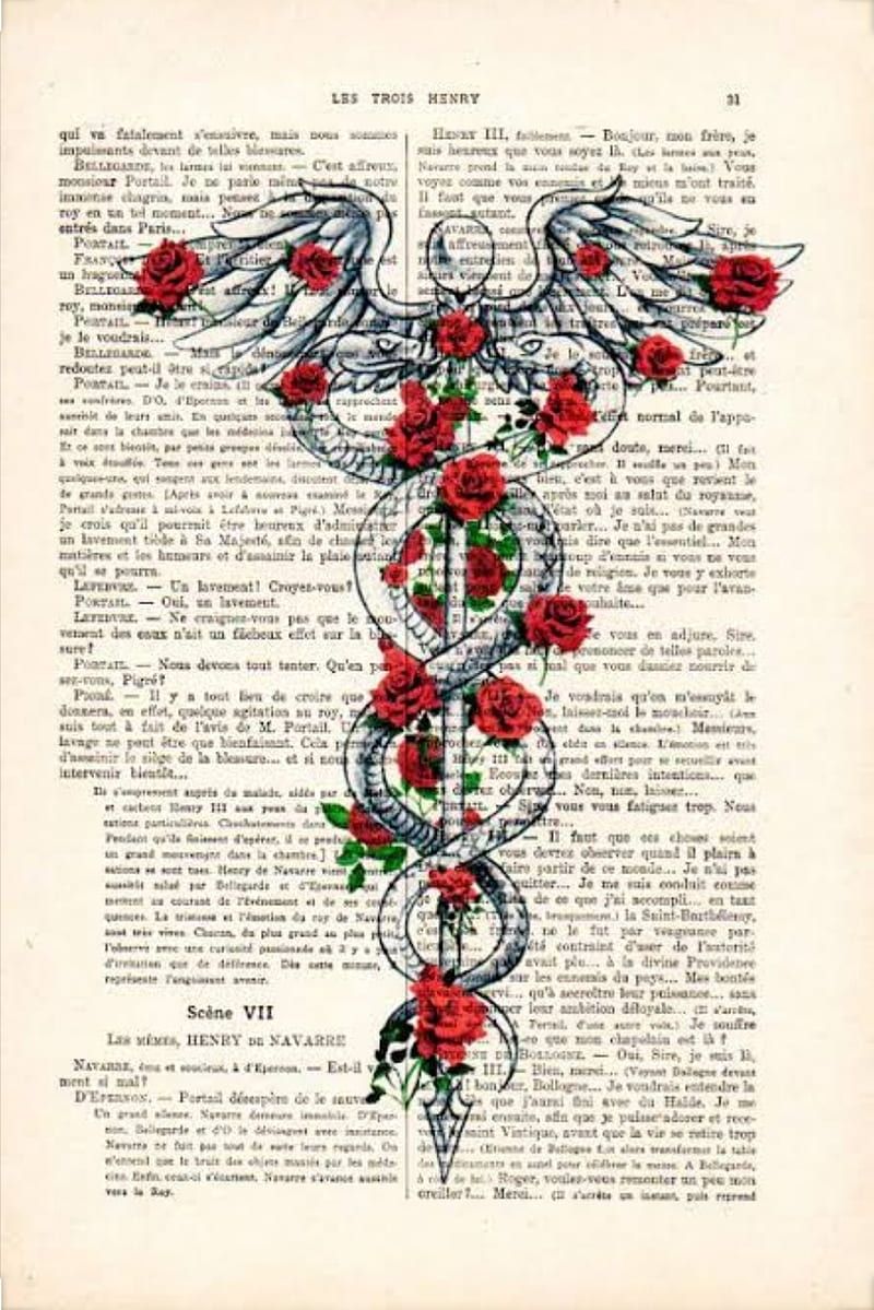 A caduceus, a symbol of medicine, is depicted on a page of a book. - 