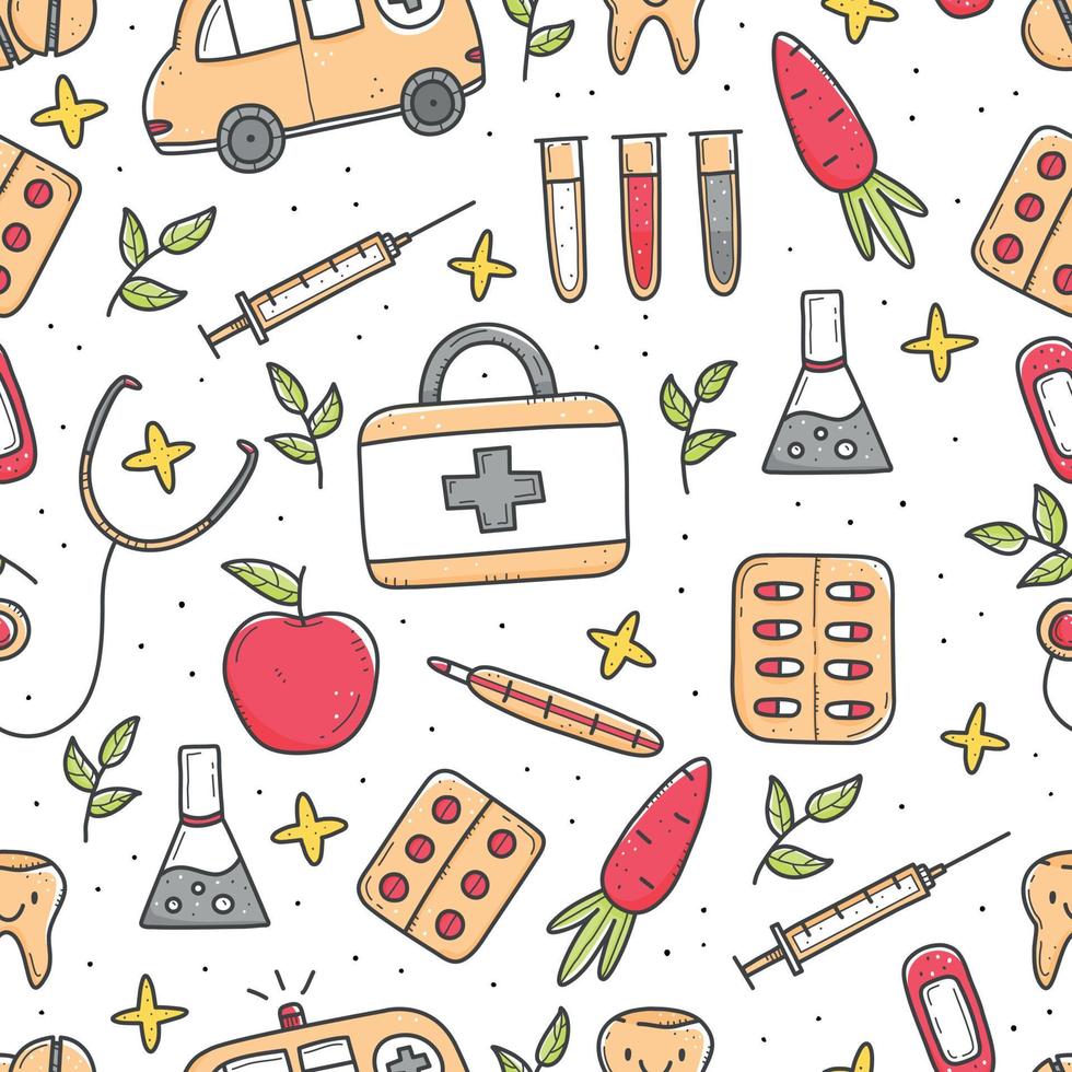 Seamless pattern with multicolored medical items in doodle style, thermometer, syringe, flask, pills, vitamins, ambulance. Vector doodle illustration. Design for wallpaper, packaging