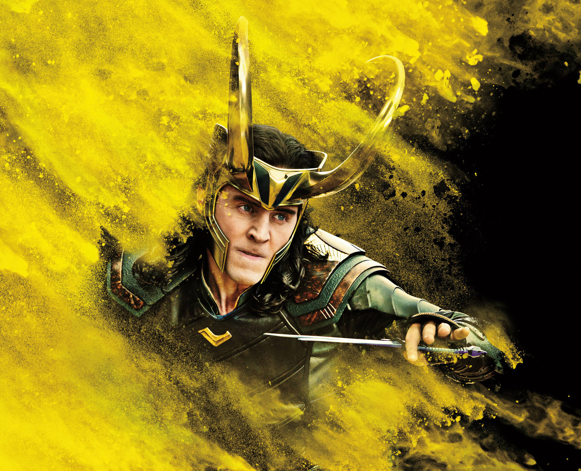 A man with horns and holding two swords - Loki